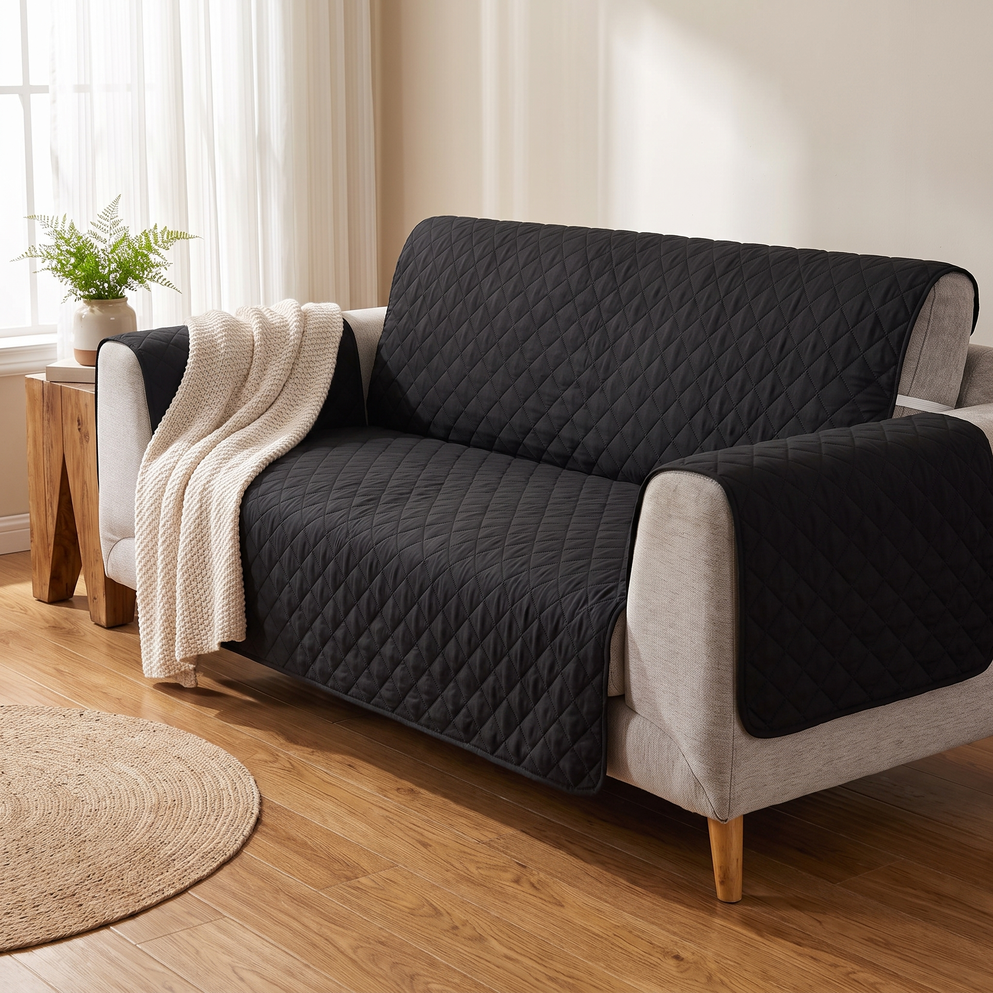 Black Waterproof Quilted Furniture Cover – 22-77in shown in a styled home interior | Brivenzo