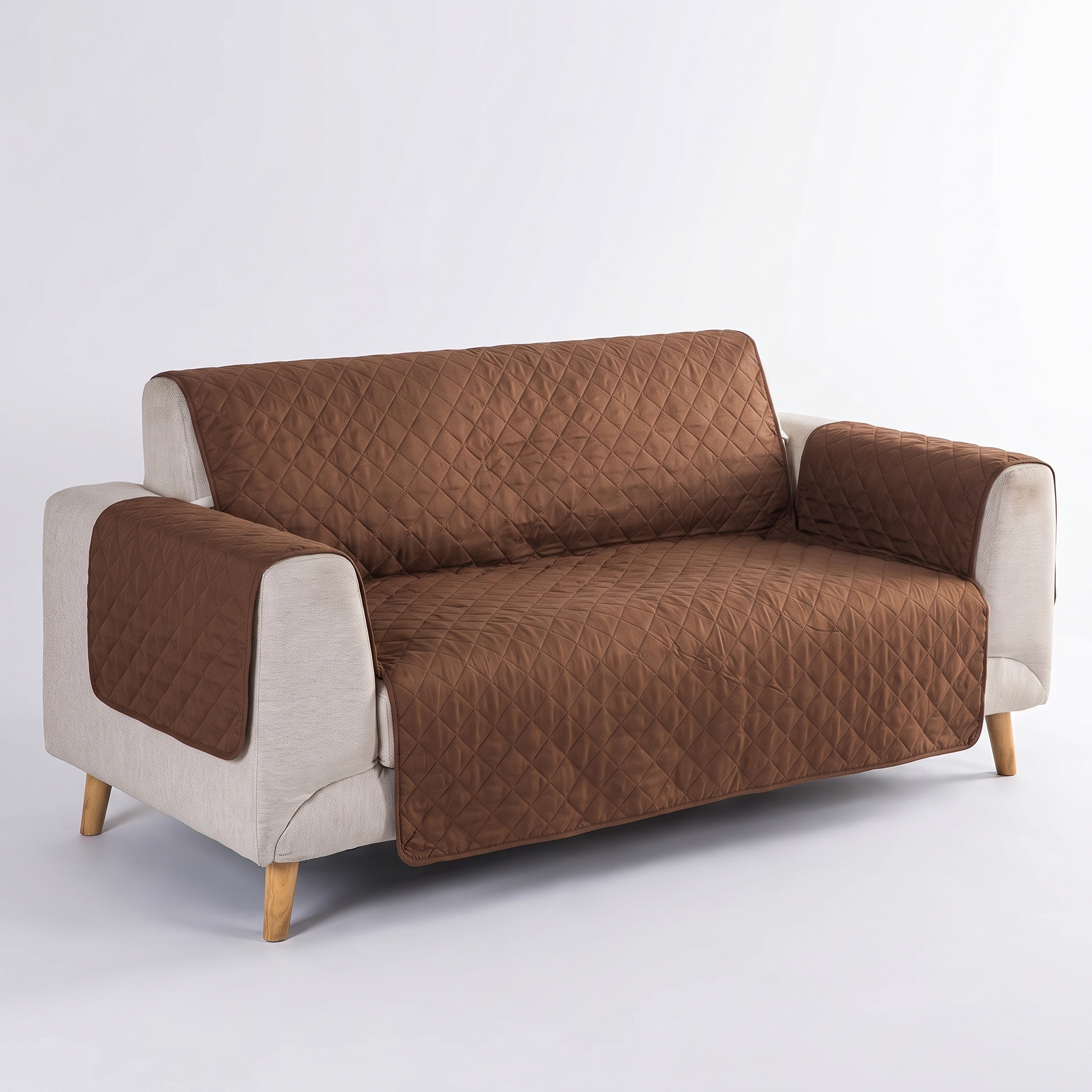 Brown waterproof quilted sofa cover, studio product photo