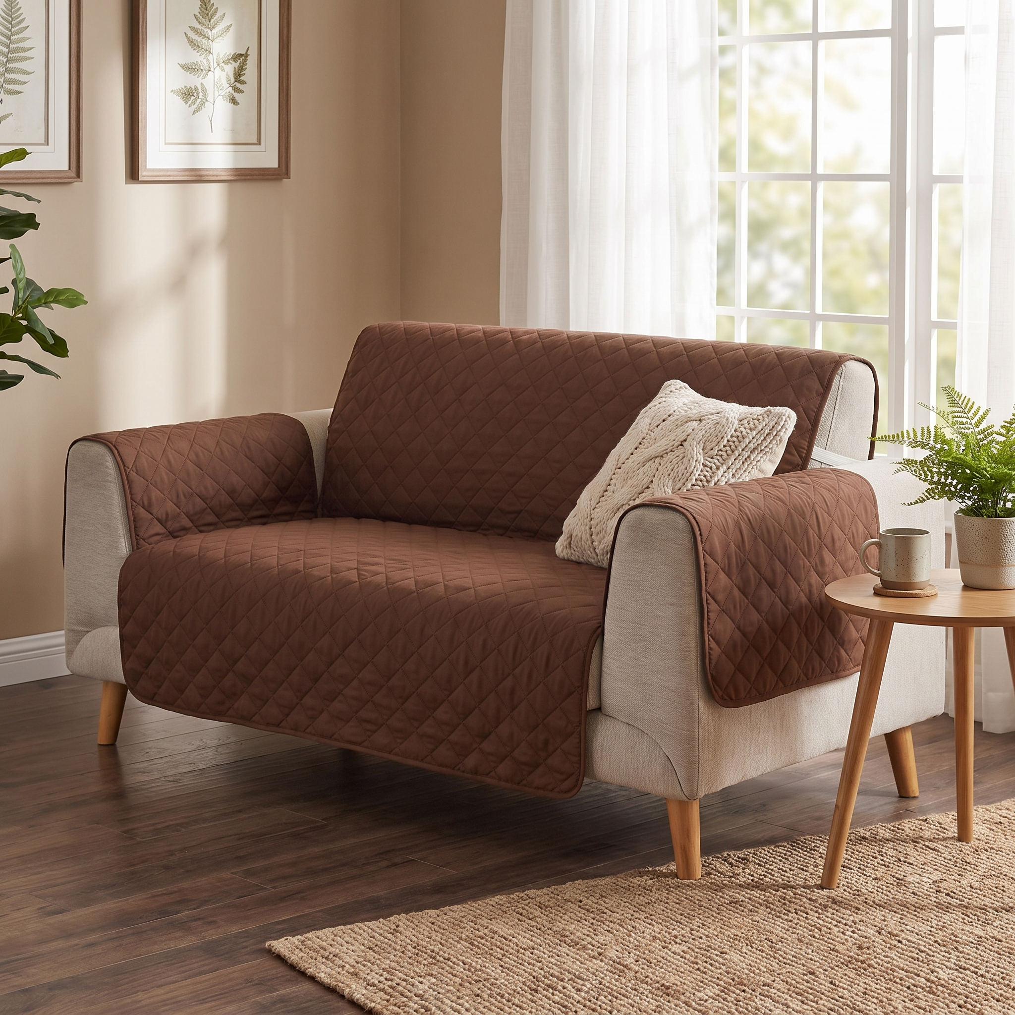 Brown waterproof quilted sofa cover in a warm living room setting