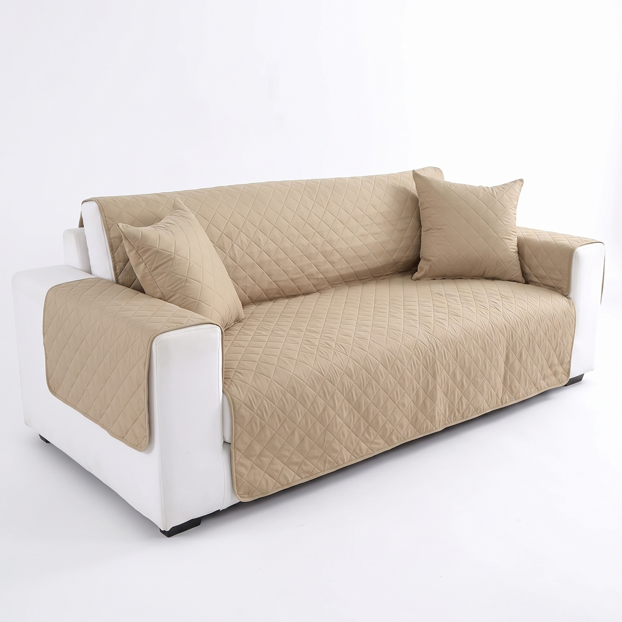 Camel quilted waterproof sofa protector cover, studio shot