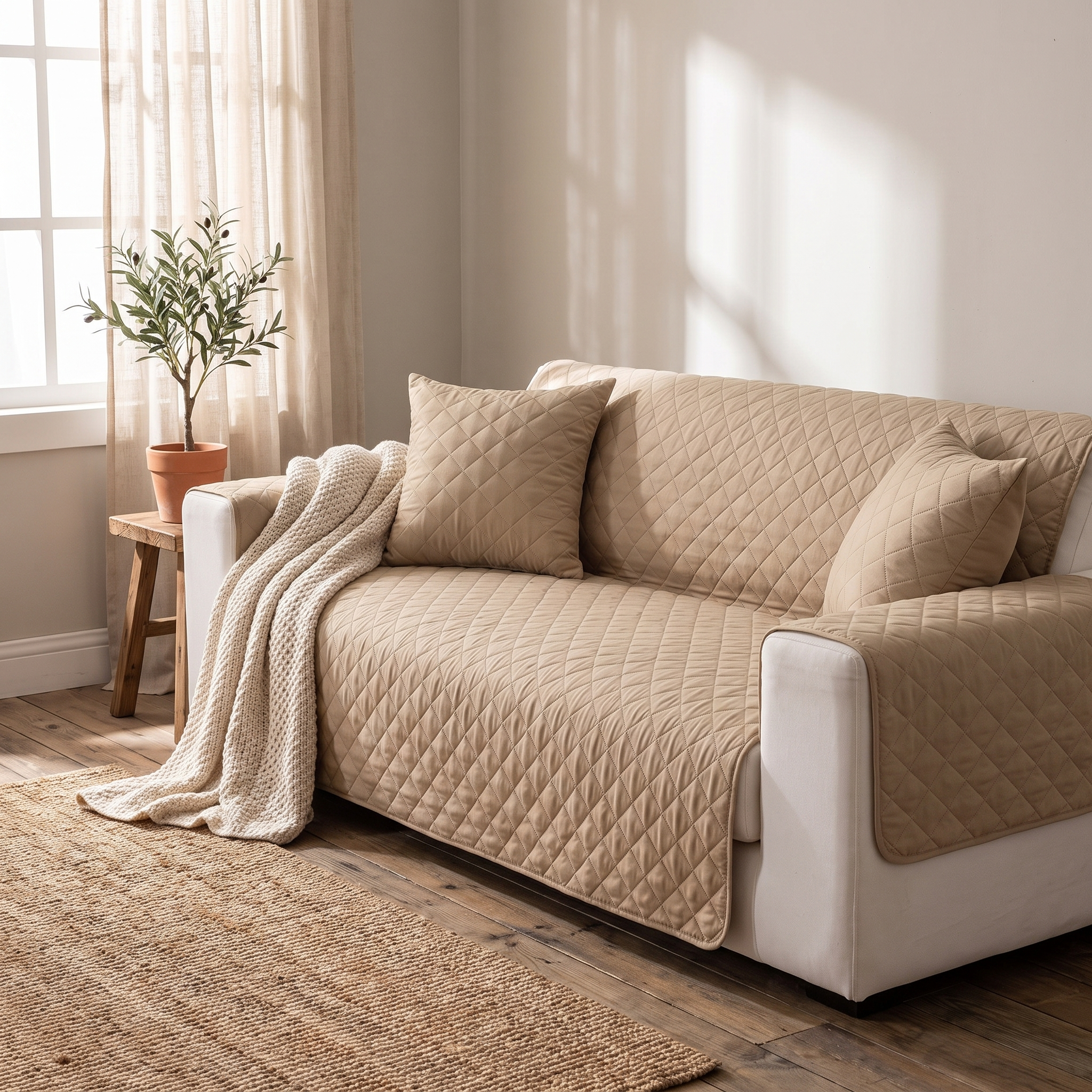 Camel quilted waterproof sofa protector in a cozy living room