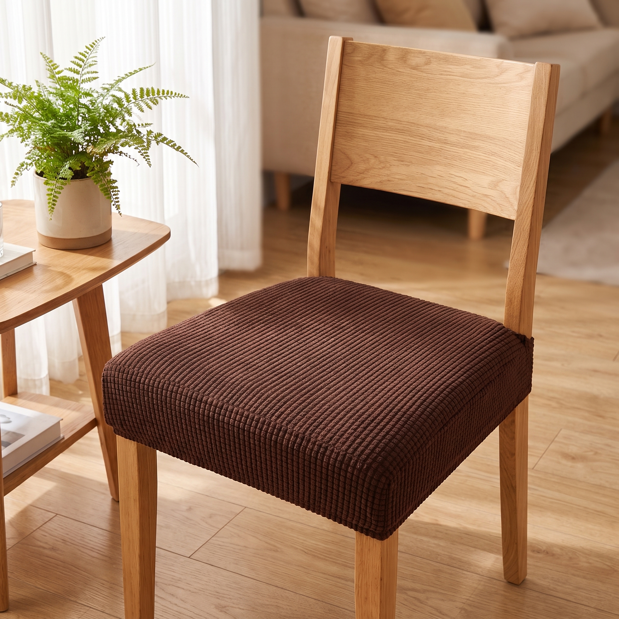 Chair Seat Cover – Coffee Brown shown in a styled home interior | Brivenzo