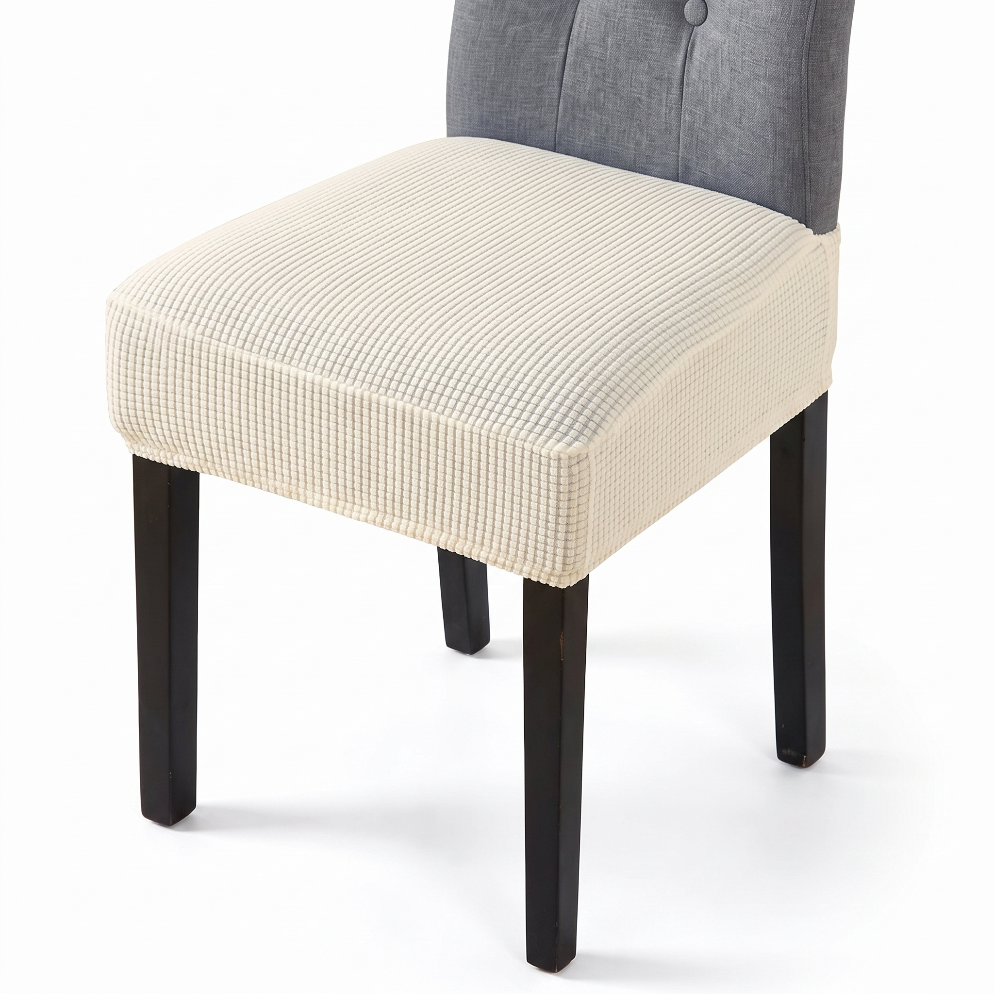 Cream White Chair Seat Cover - stretch fit on dining chair, white studio background