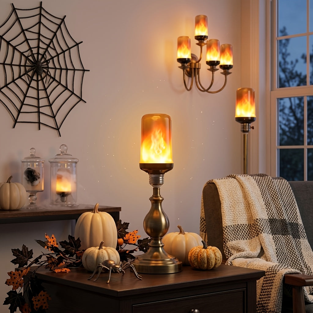 Flickering flame LED light bulb glowing warm yellow in a porch lantern
