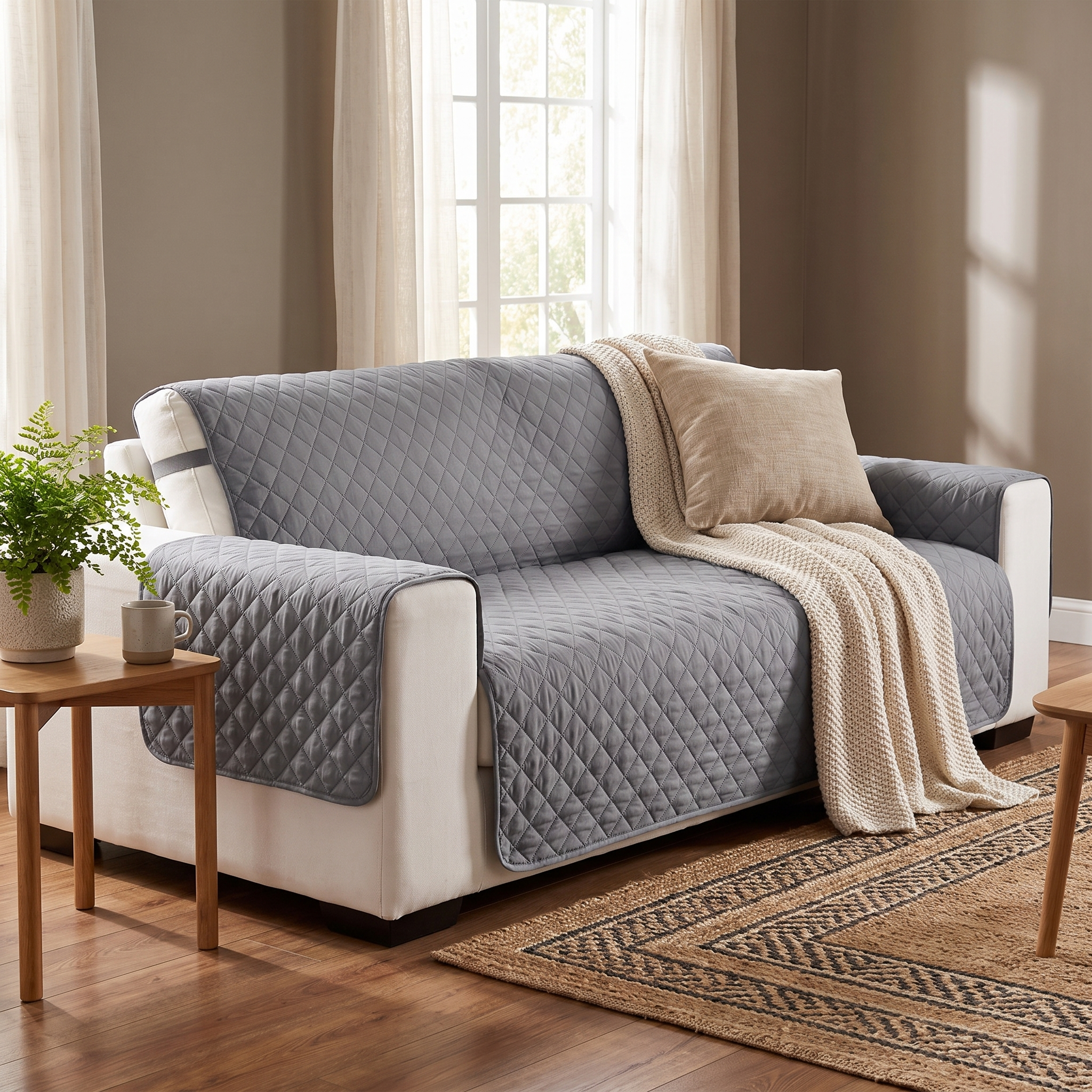 Grey quilted waterproof sofa protector in a cozy living room