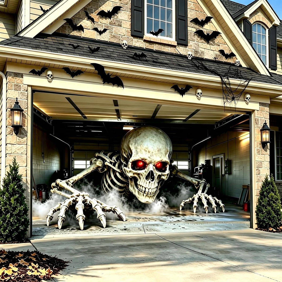 Double garage door covered with a 16 x 7 ft Halloween skeleton banner