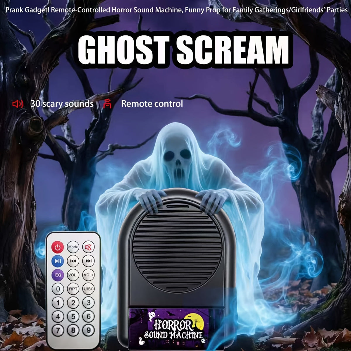 Hidden Halloween sound box used in a haunted house party setup