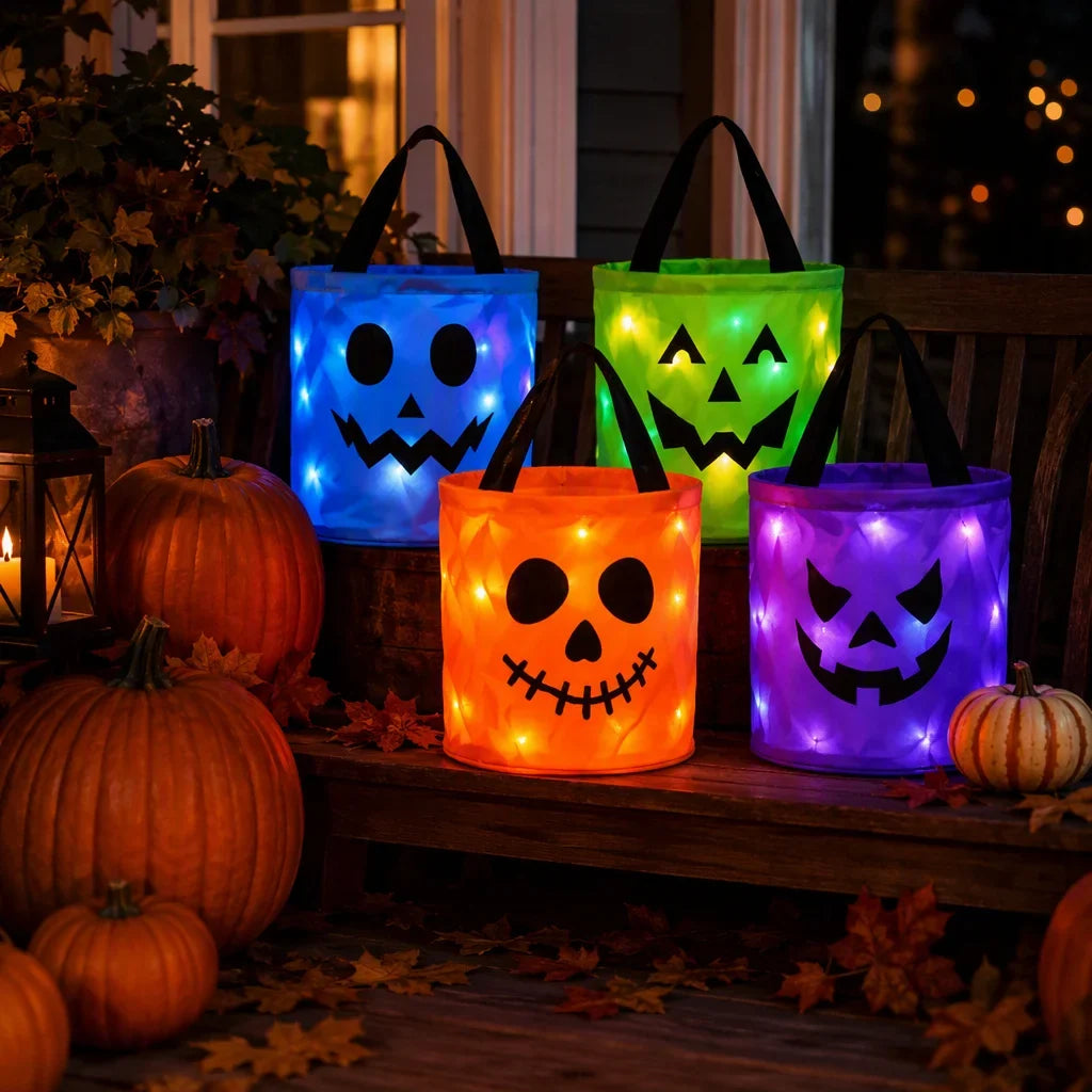 Light Up Trick or Treat Bucket with Glowing Jack O Lantern Face and Carry Handle, view 1