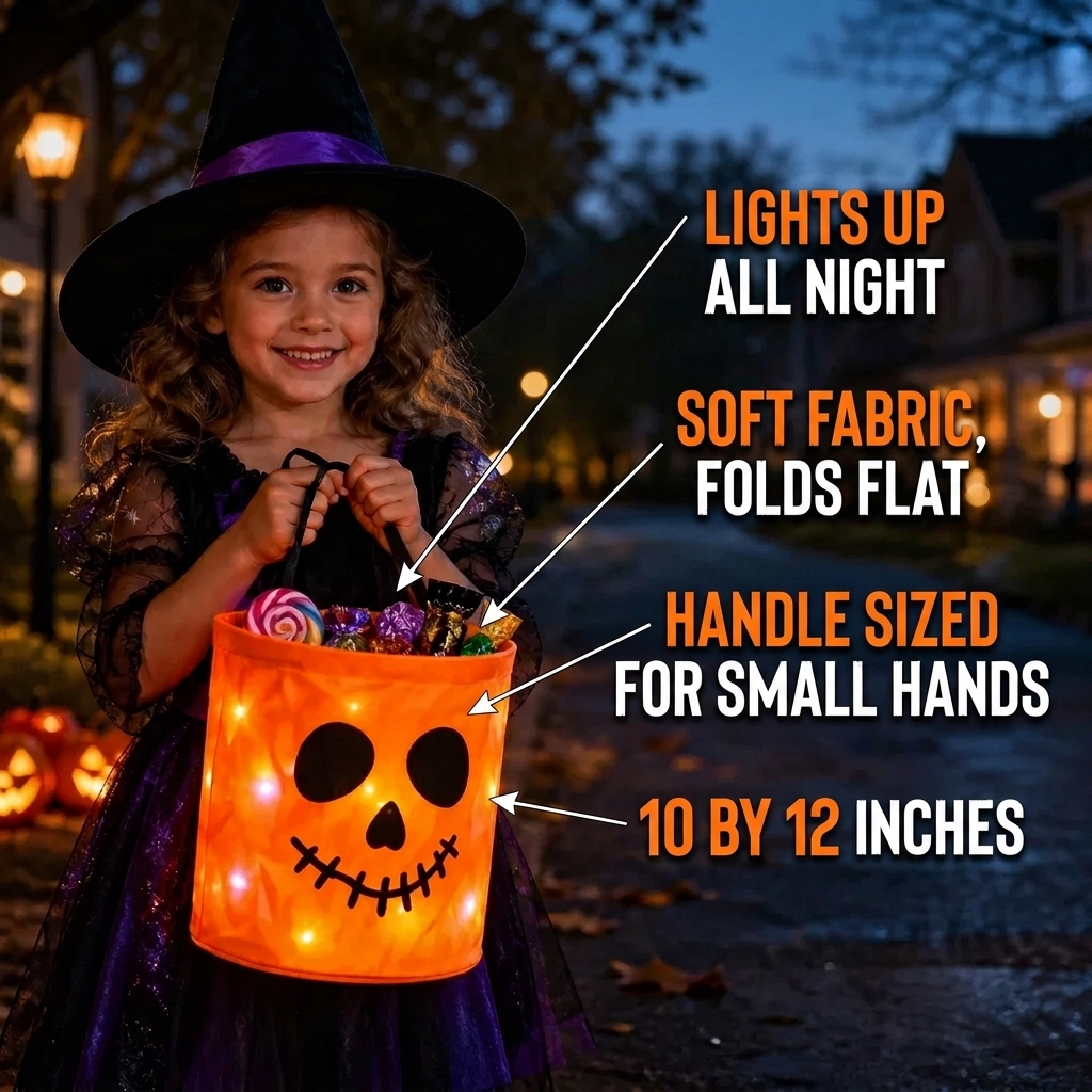 LED trick or treat buckets in purple, green, blue and orange