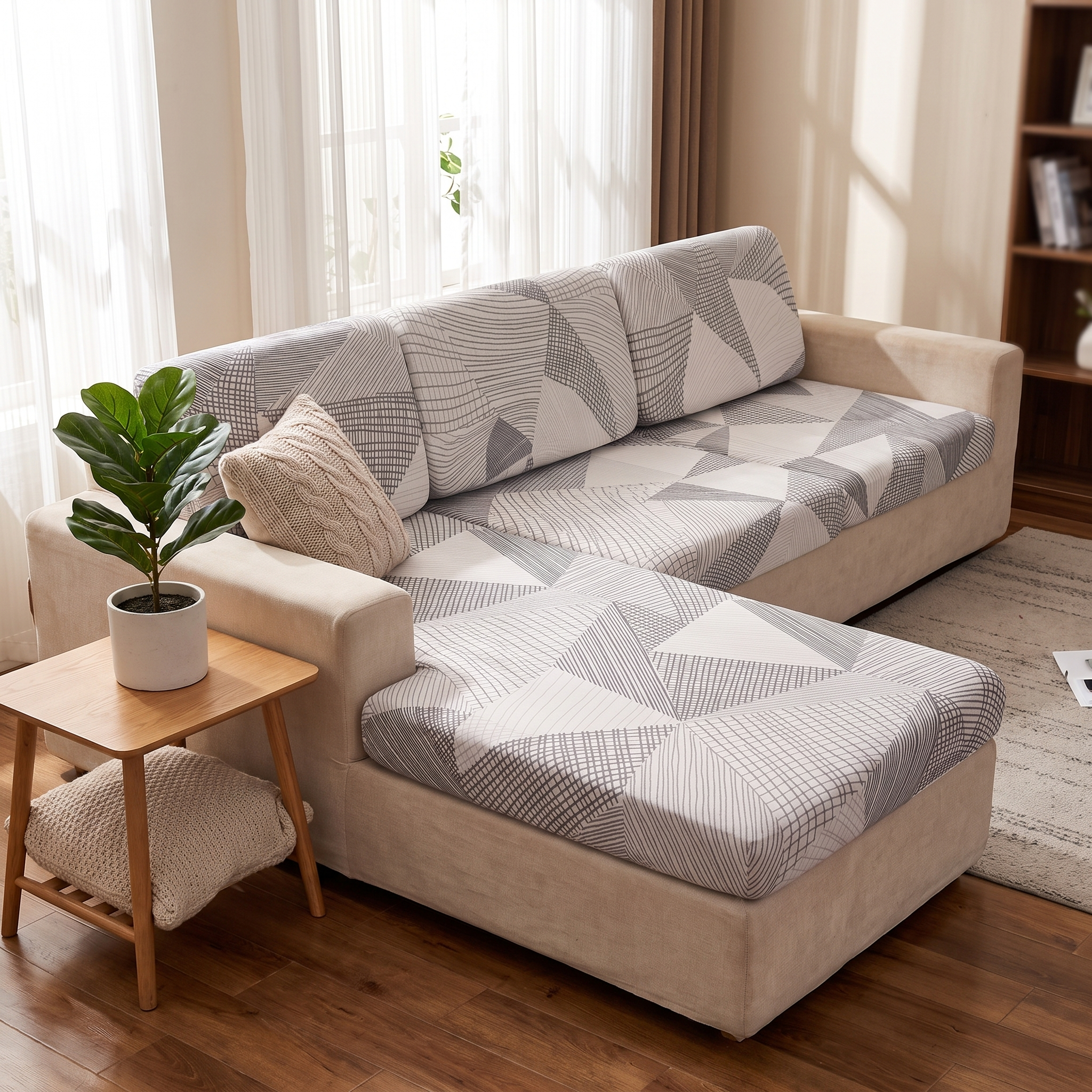 Seat & Backrest Cushion Cover – Beige Grey Geometric Crosshatch Print shown in a styled home interior | Brivenzo