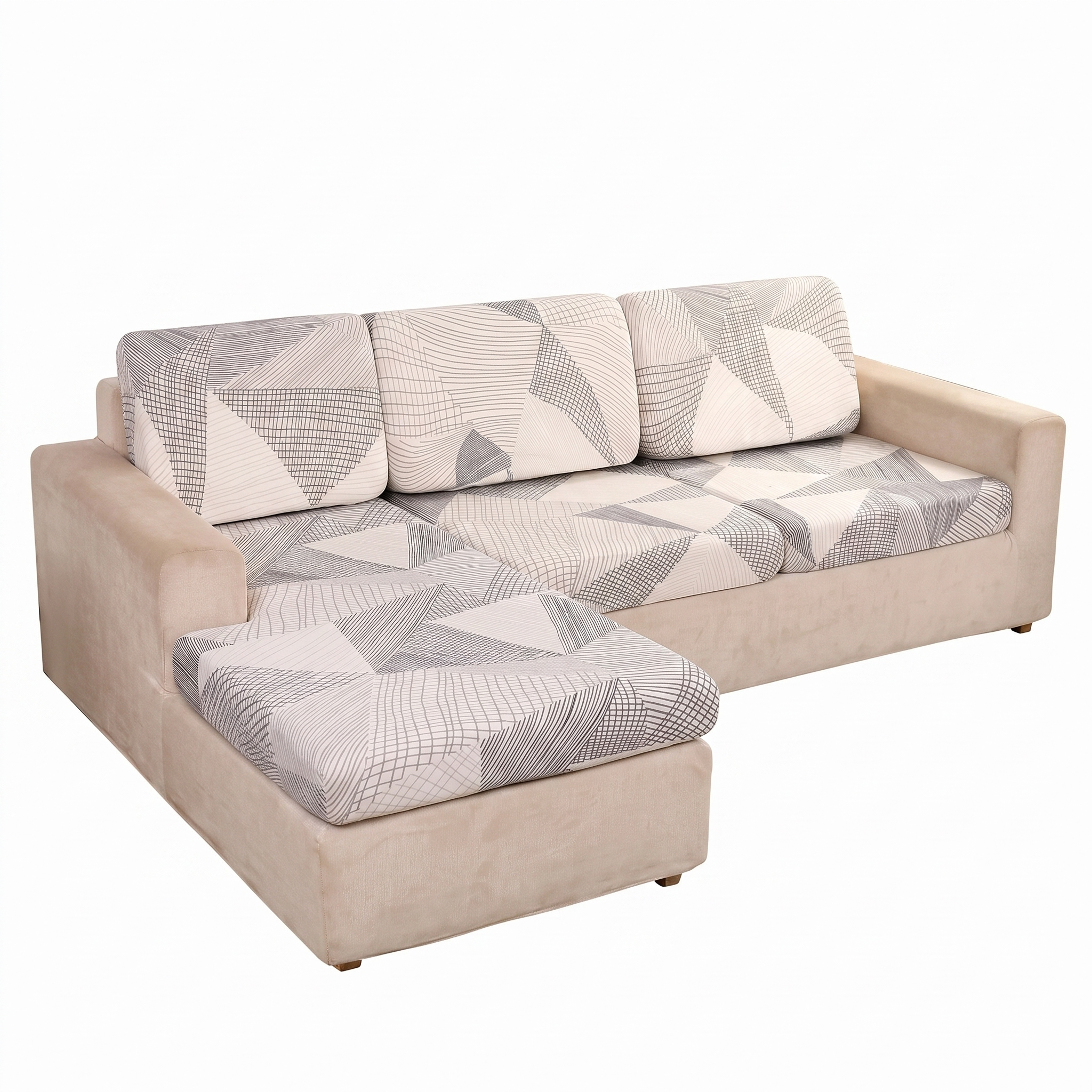 Seat and Backrest Cushion Cover Beige Grey Geometric Crosshatch Print Stretch Fit 18-108in