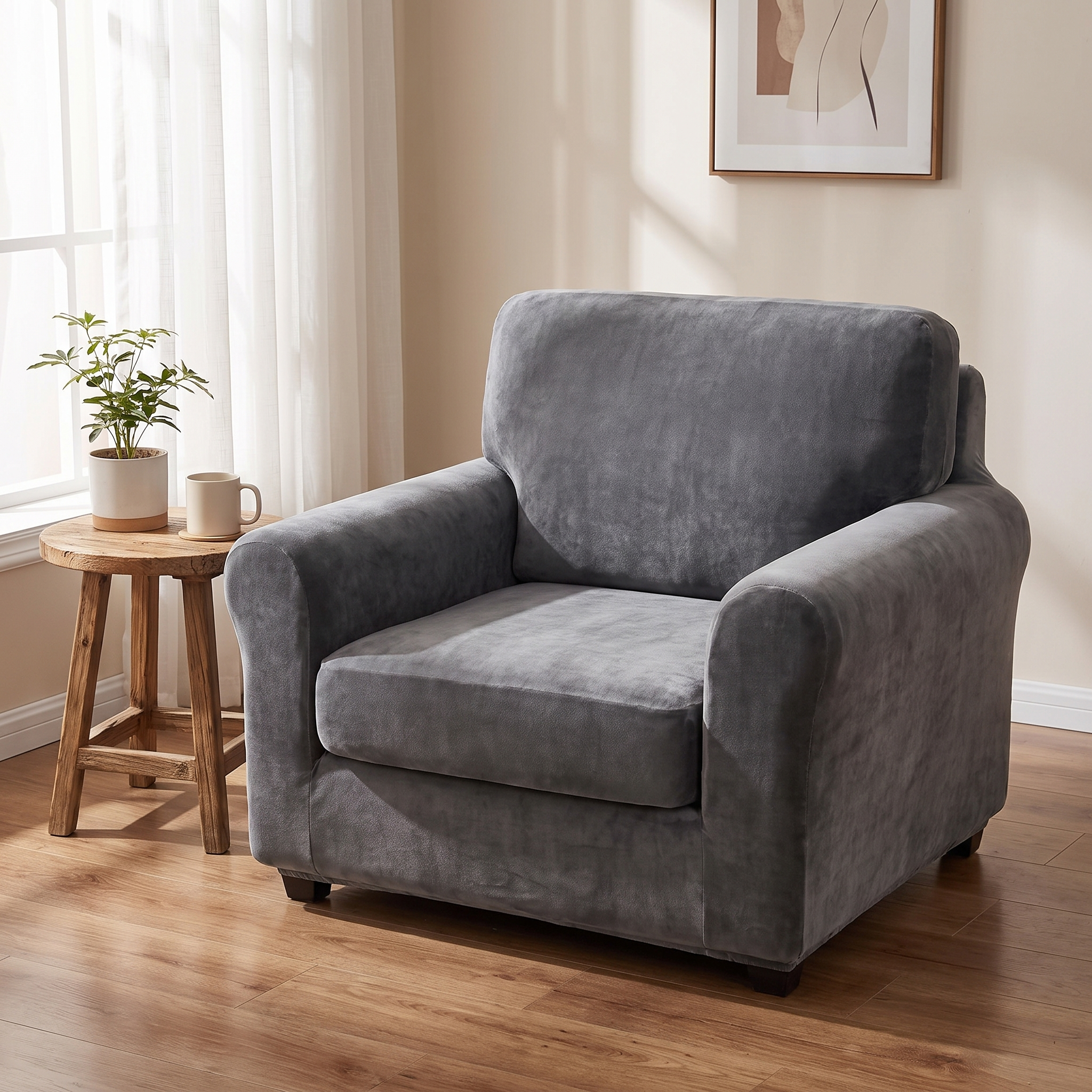 Dark grey velvet stretch armchair cover in a warm living room