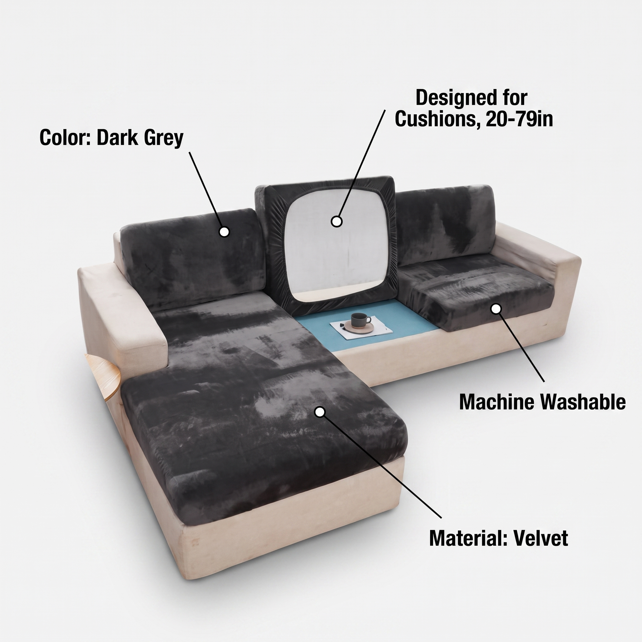 Seat & Backrest Cushion Cover – Dark Grey Velvet – features and specifications overview | Brivenzo