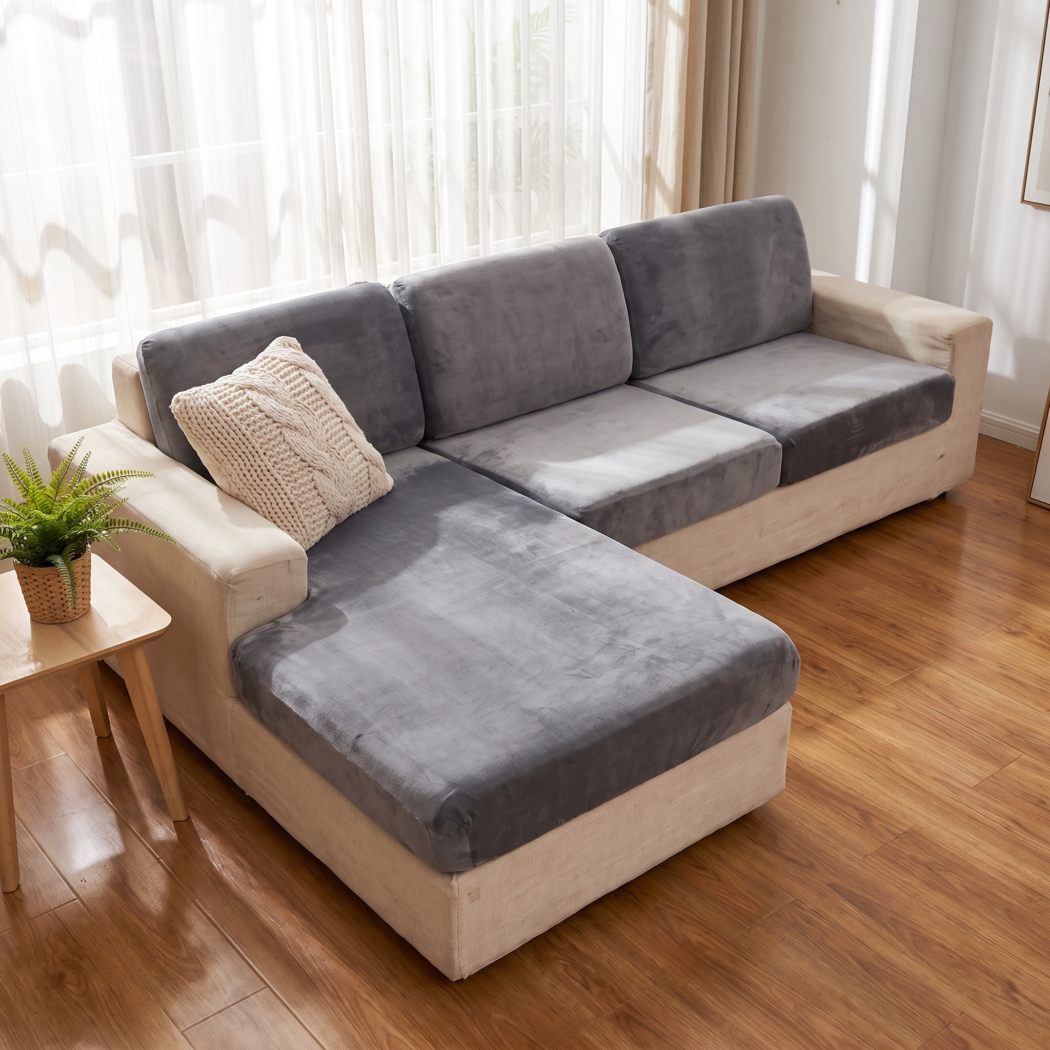 Seat & Backrest Cushion Cover – Light Grey Velvet shown in a styled home interior | Brivenzo