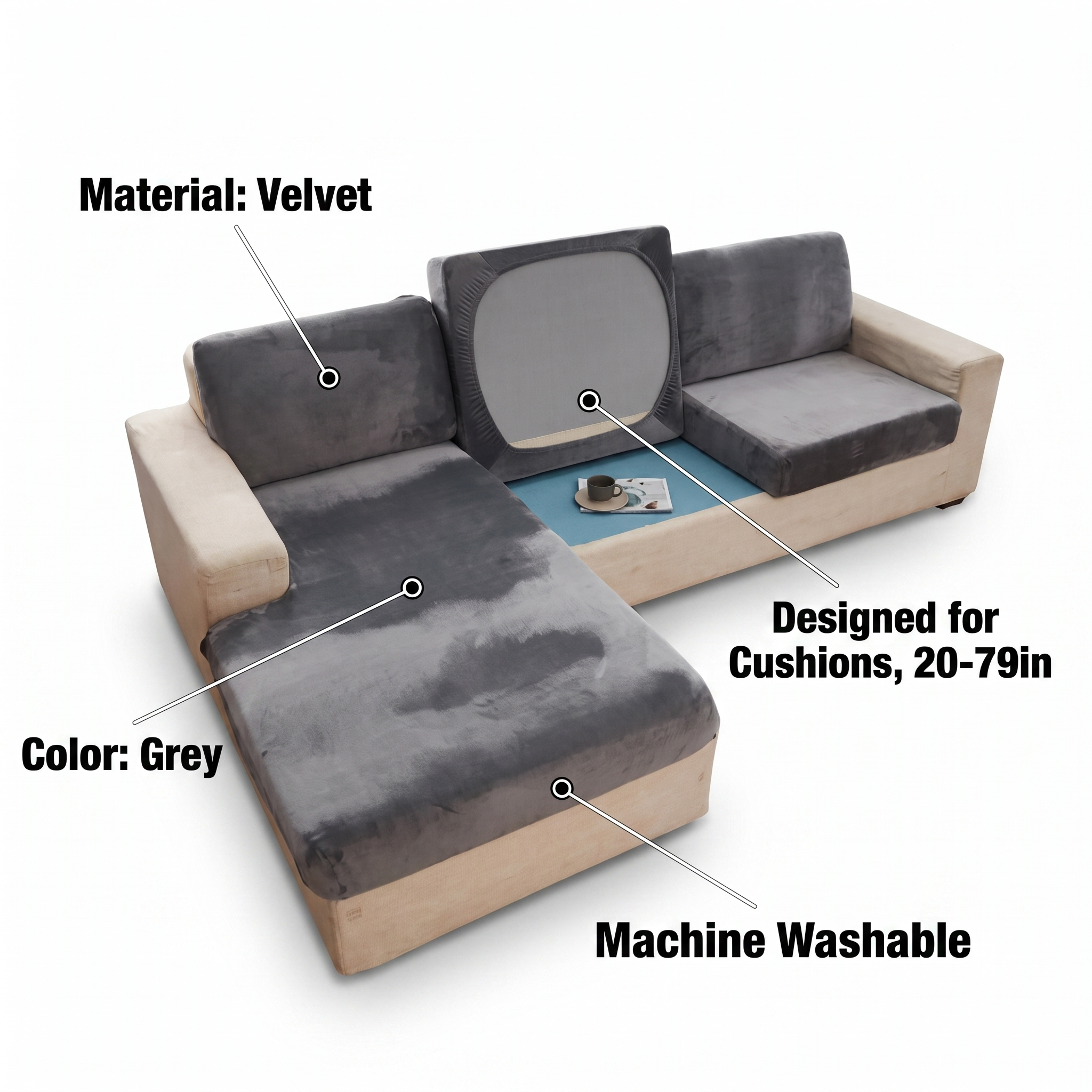 Seat & Backrest Cushion Cover – Light Grey Velvet – features and specifications overview | Brivenzo