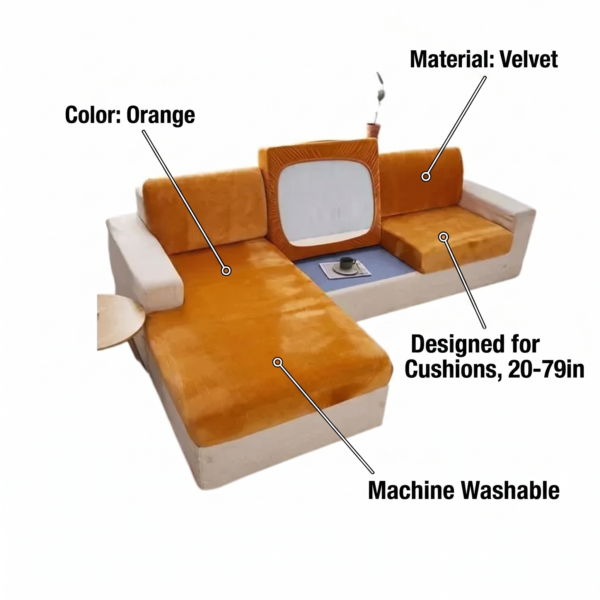 Seat & Backrest Cushion Cover – Orange Velvet – product view 3 | Brivenzo