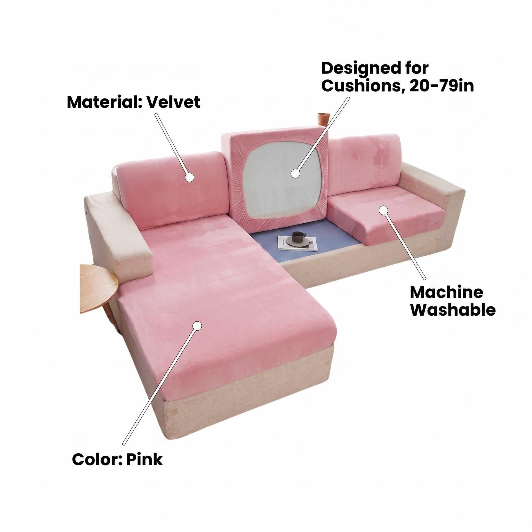 Seat & Backrest Cushion Cover – Pink Velvet – product view 3 | Brivenzo