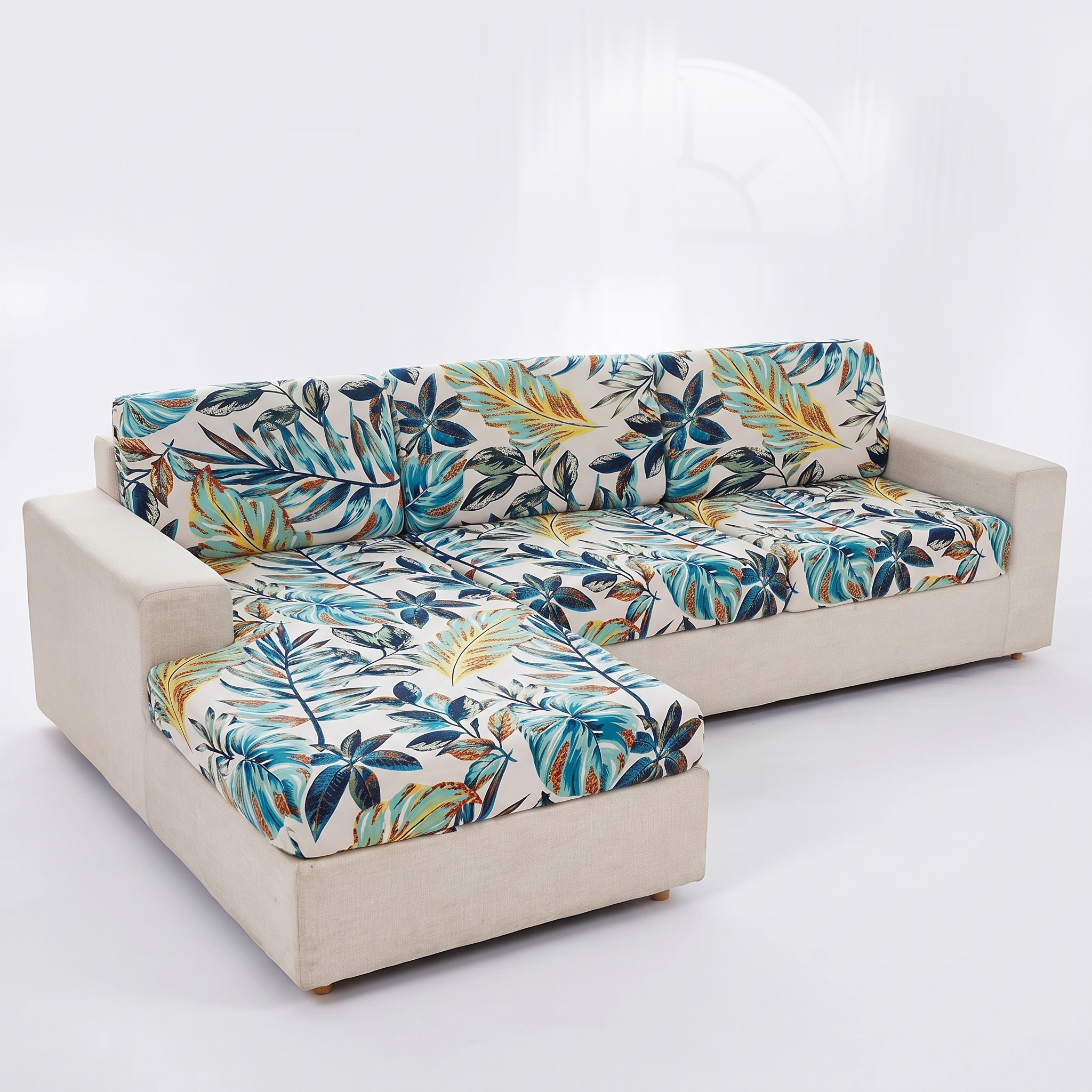 Seat & Backrest Cushion Cover – Teal Gold Tropical Leaf Print – product photo on a white background | Brivenzo