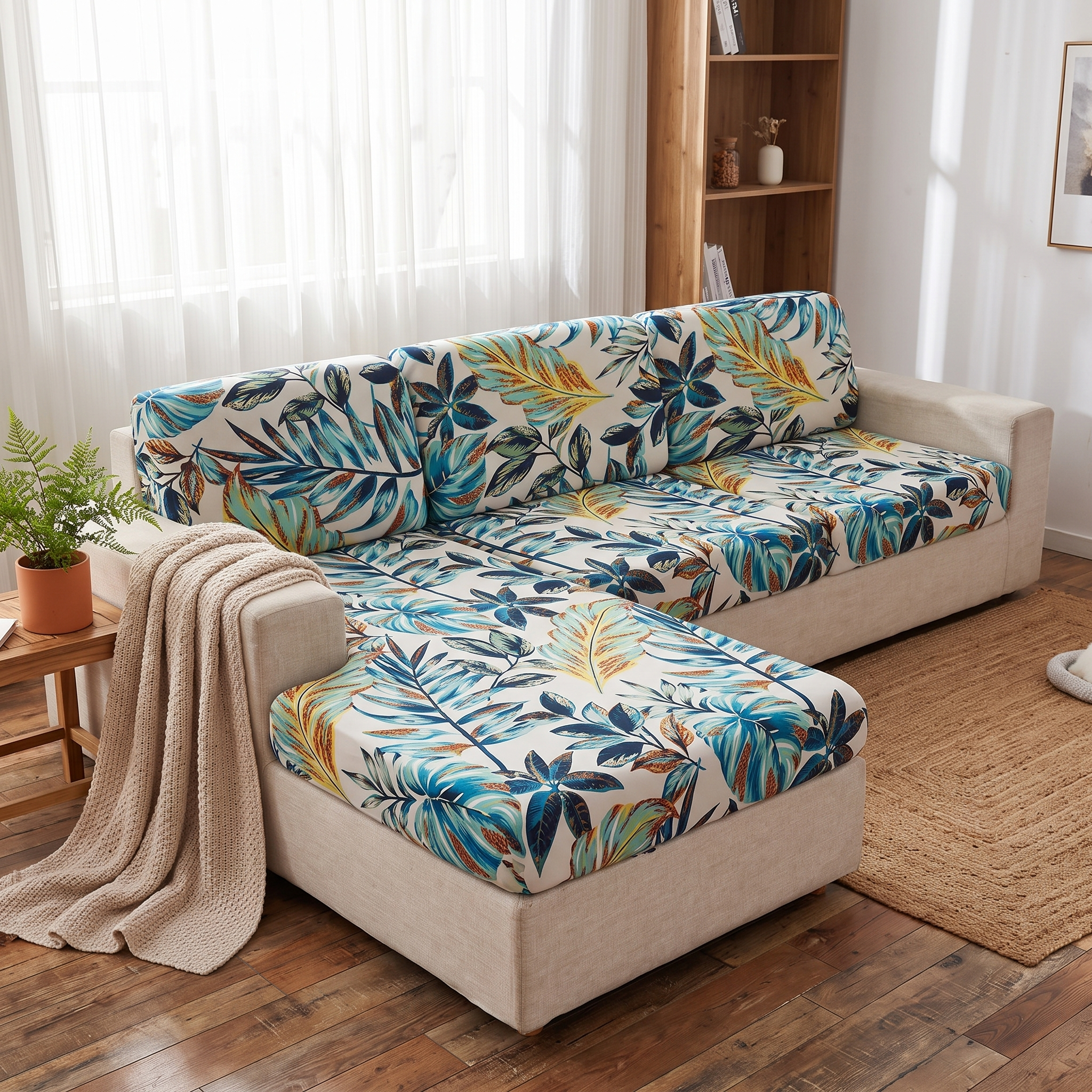 Seat & Backrest Cushion Cover – Teal Gold Tropical Leaf Print shown in a styled home interior | Brivenzo