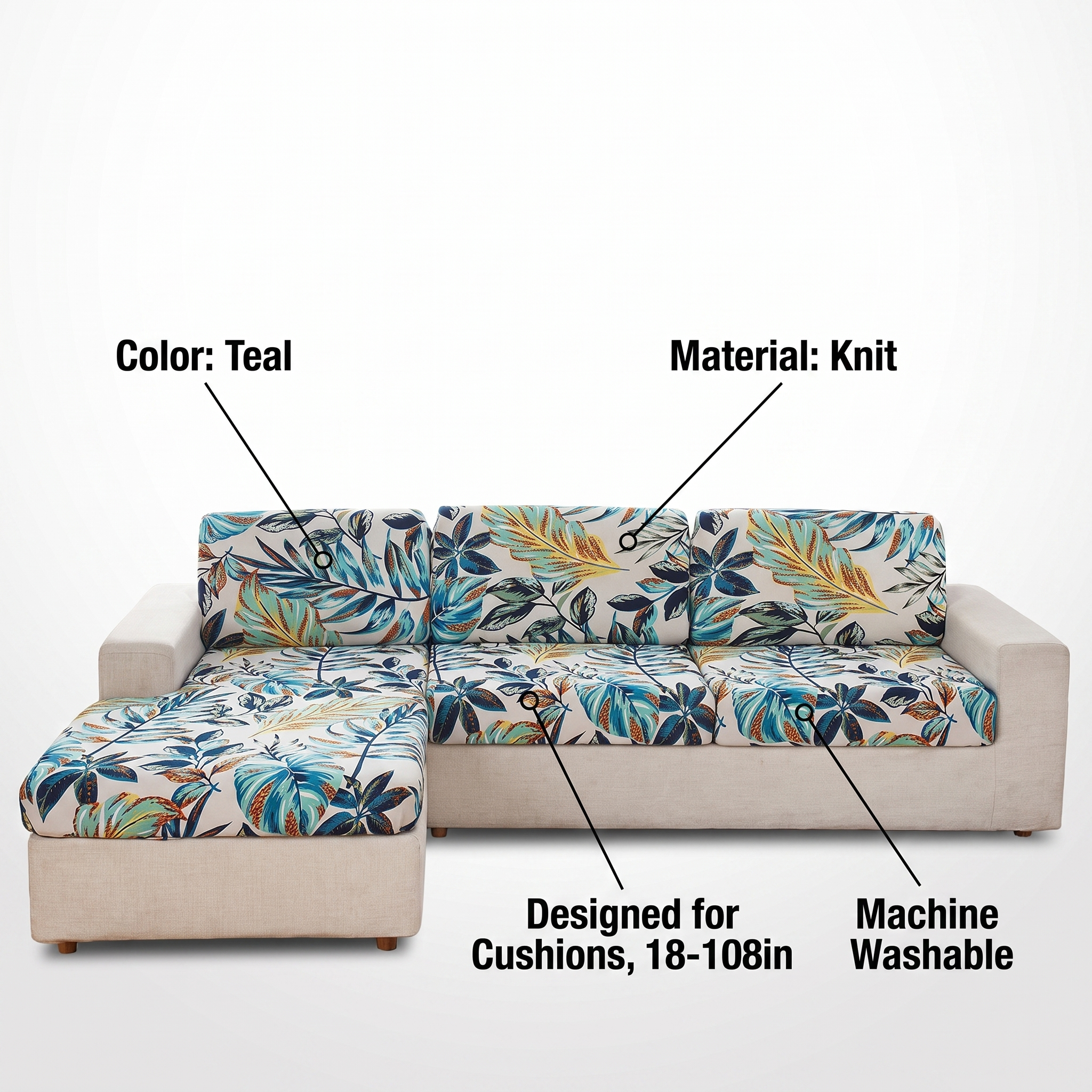 Seat & Backrest Cushion Cover – Teal Gold Tropical Leaf Print – features and specifications overview | Brivenzo