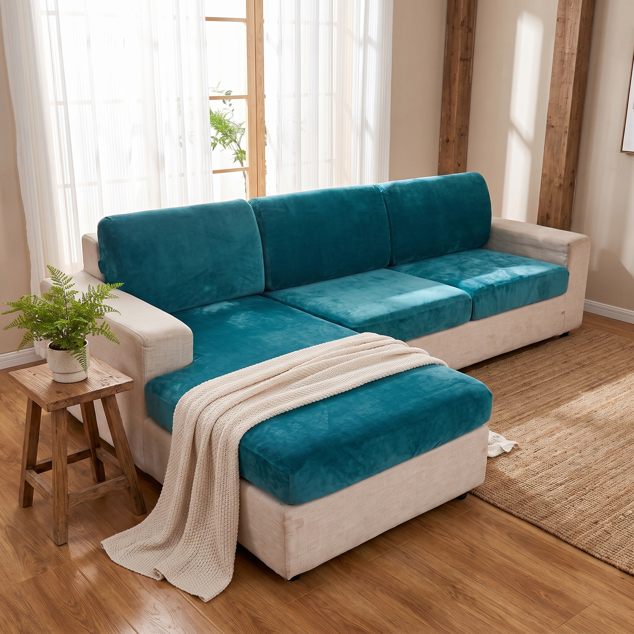 Seat & Backrest Cushion Cover – Teal Velvet shown in a styled home interior | Brivenzo