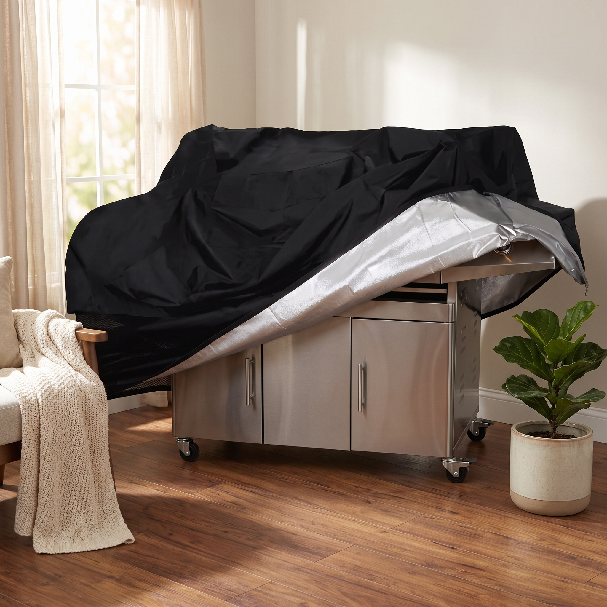 Silver Black Waterproof BBQ Grill Cover – 2XS-XL shown in a styled home interior | Brivenzo