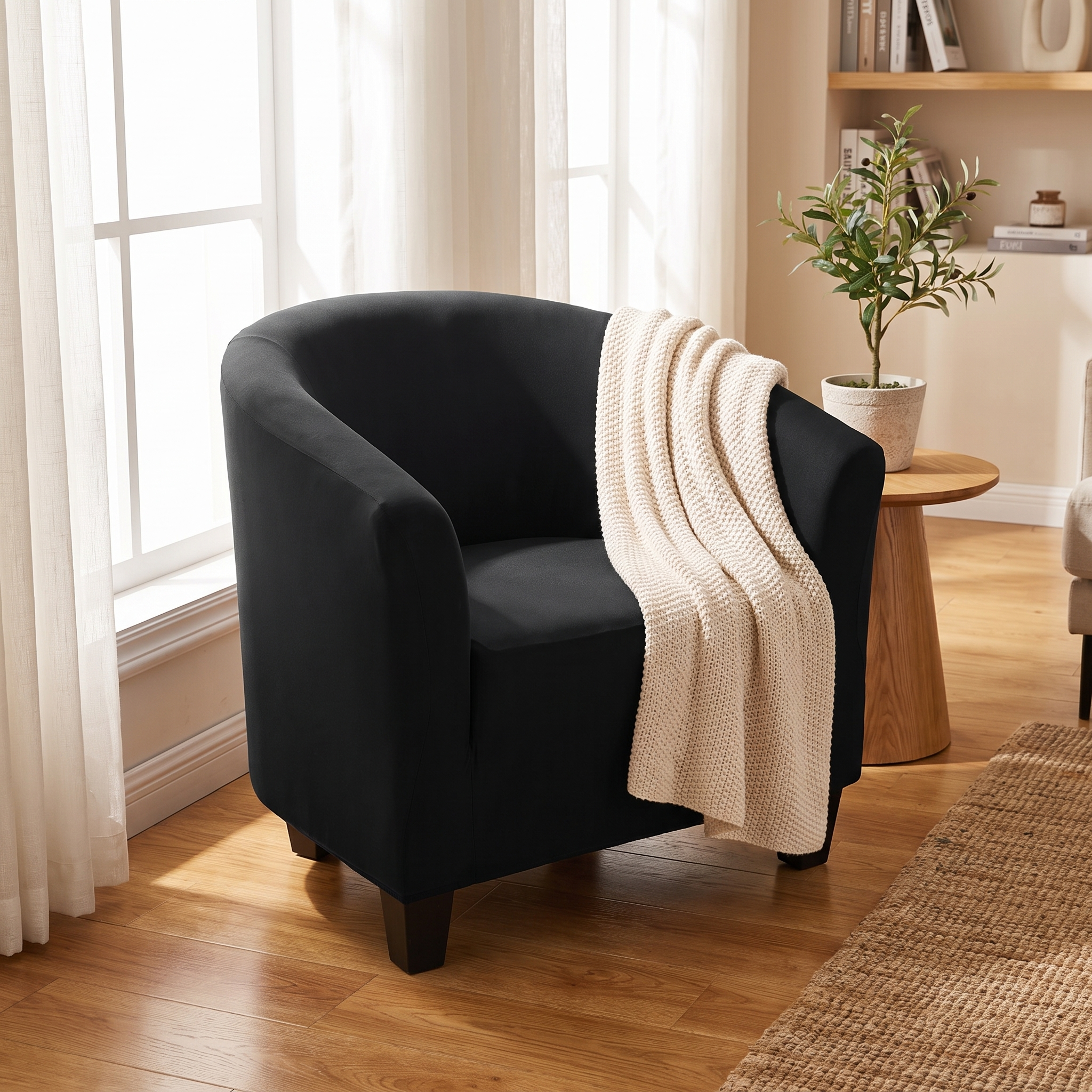 Stretch Club Armchair Cover – Black shown in a styled home interior | Brivenzo