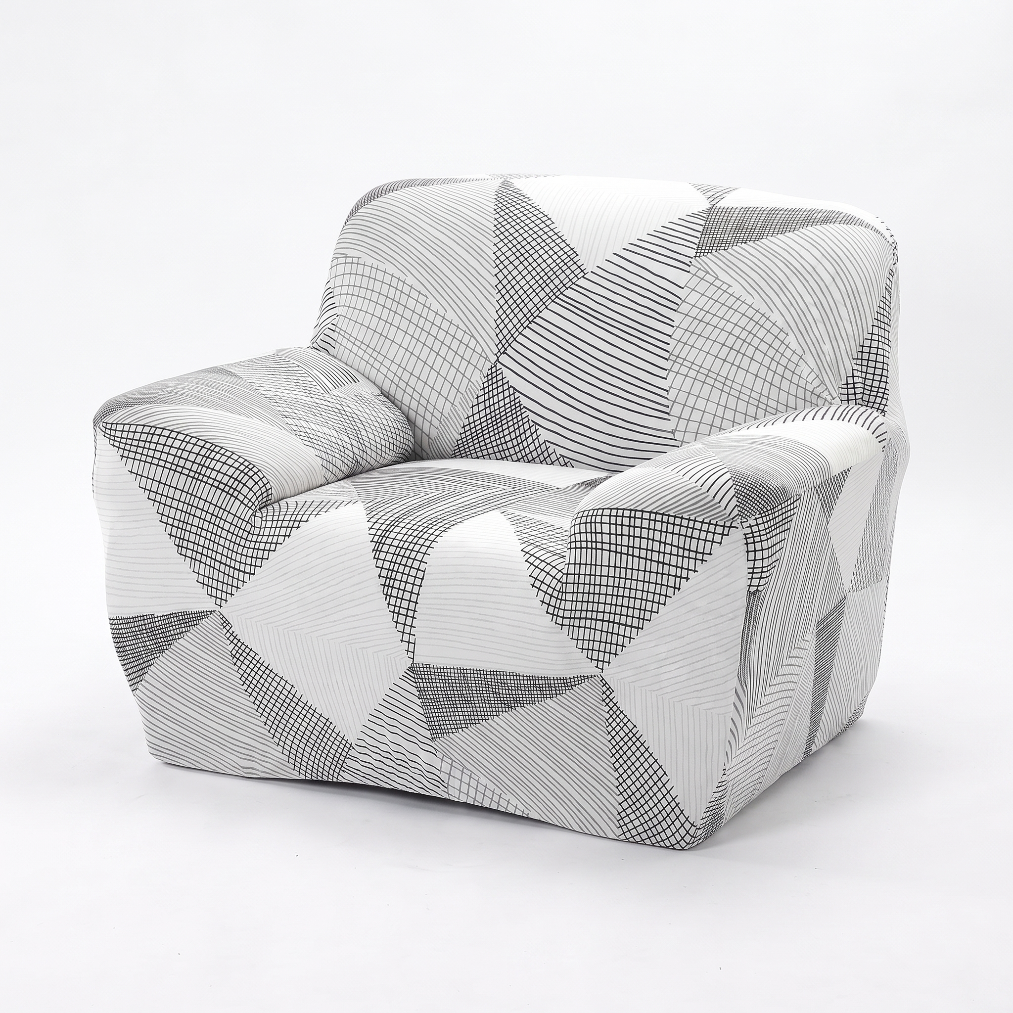 Stretch Club Armchair Cover – Black White Geometric Crosshatch Print – product photo on a white background | Brivenzo