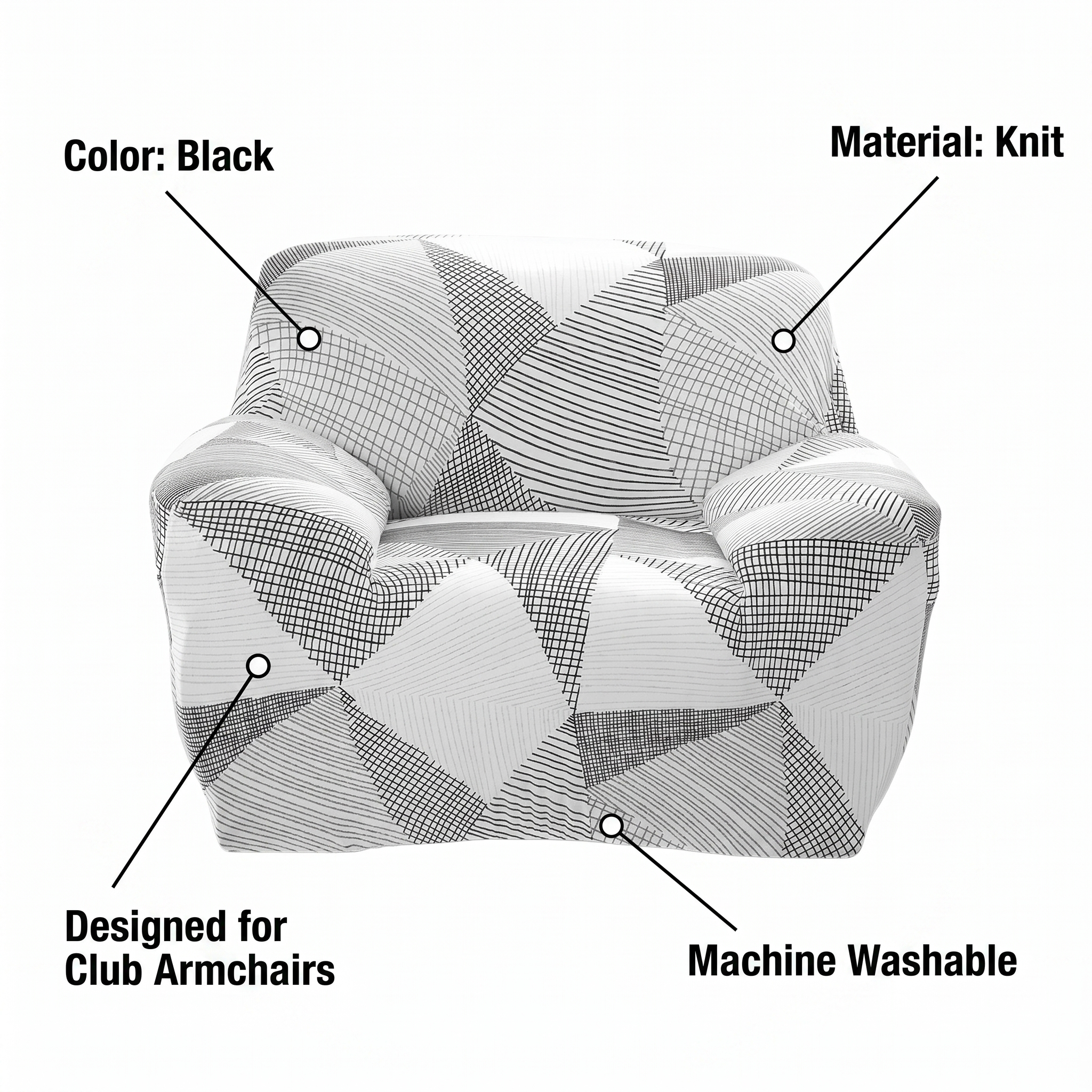 Stretch Club Armchair Cover – Black White Geometric Crosshatch Print – features and specifications overview | Brivenzo