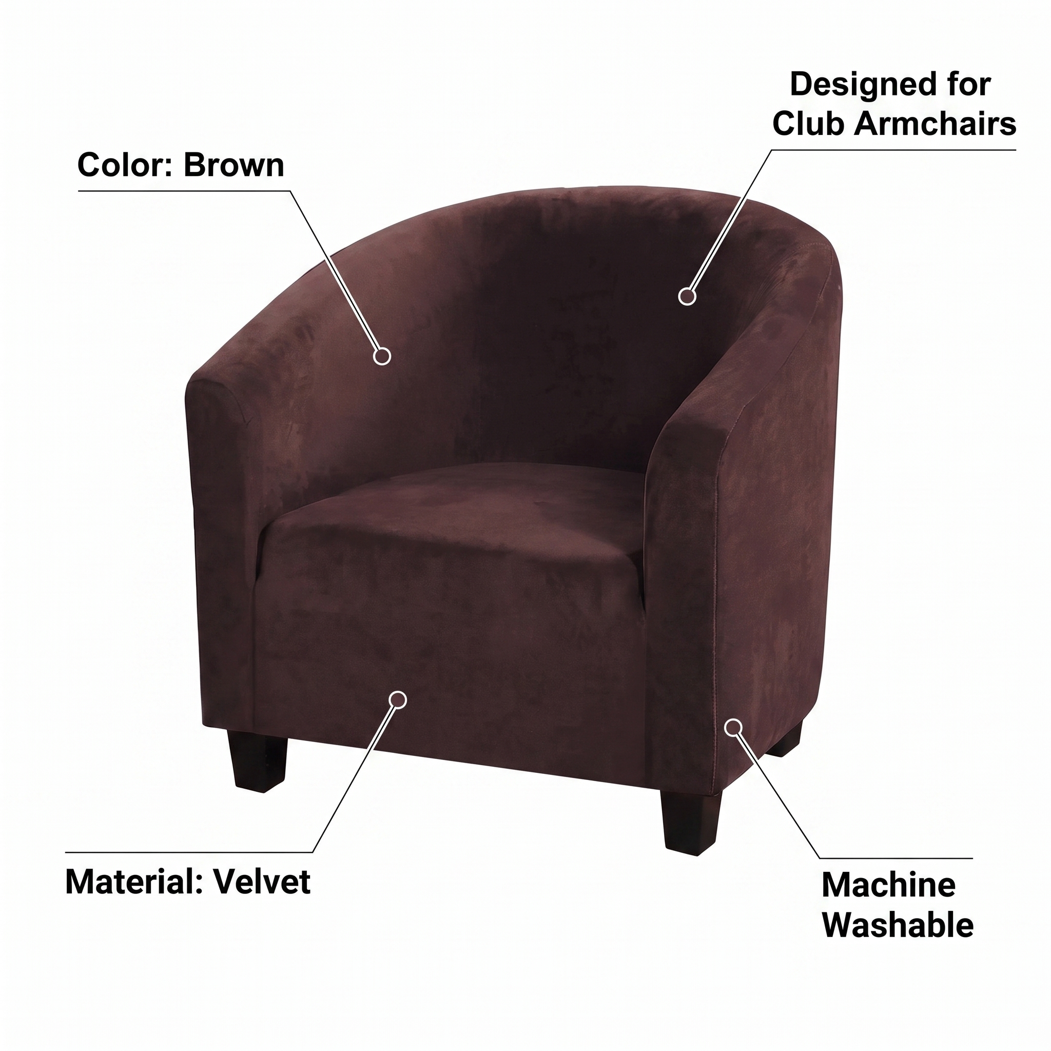 Stretch Club Armchair Cover – Brown Velvet – features and specifications overview | Brivenzo