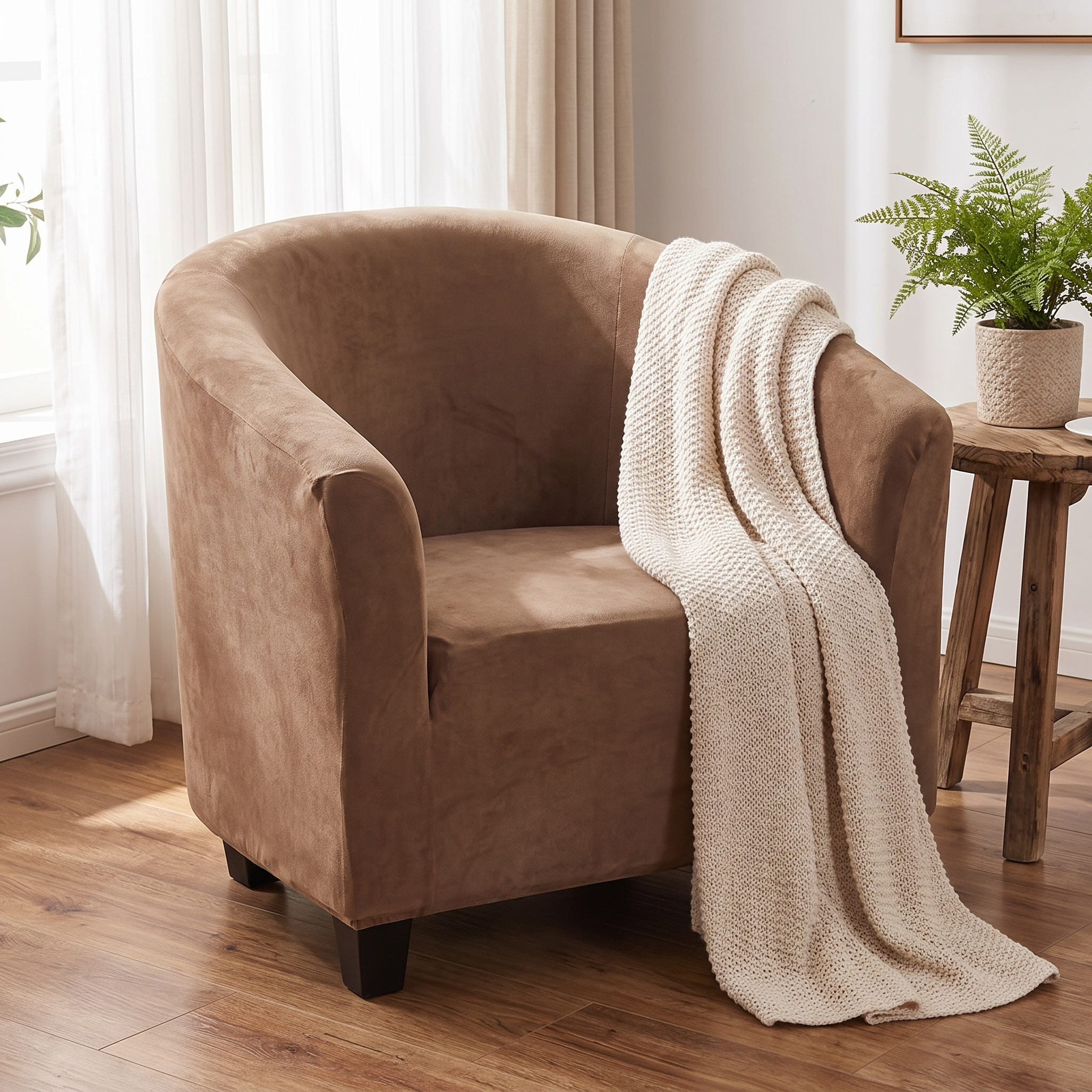 Stretch Club Armchair Cover – Camel Velvet shown in a styled home interior | Brivenzo