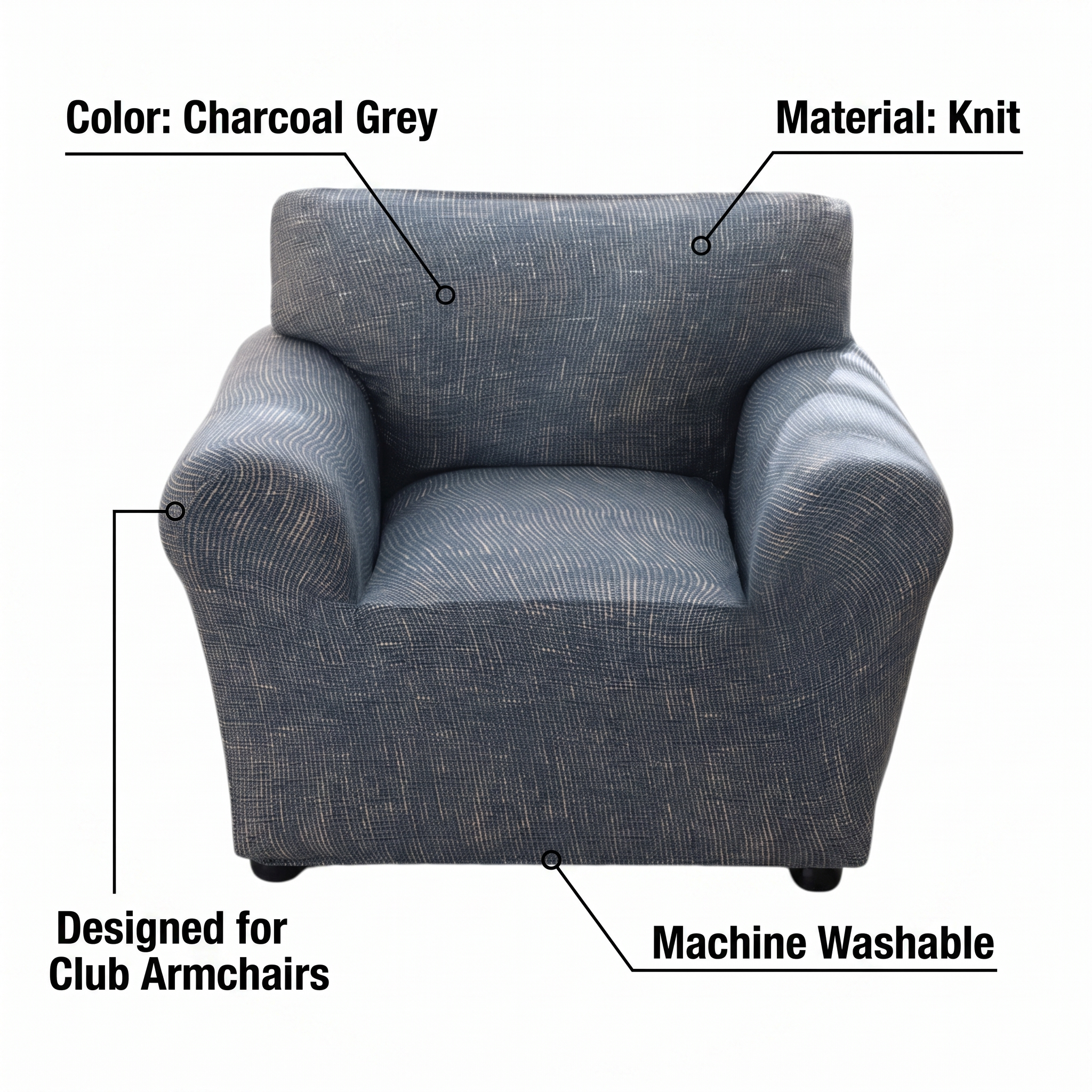 Stretch Club Armchair Cover – Charcoal Grey Crosshatch Scratch Print – product view 3 | Brivenzo