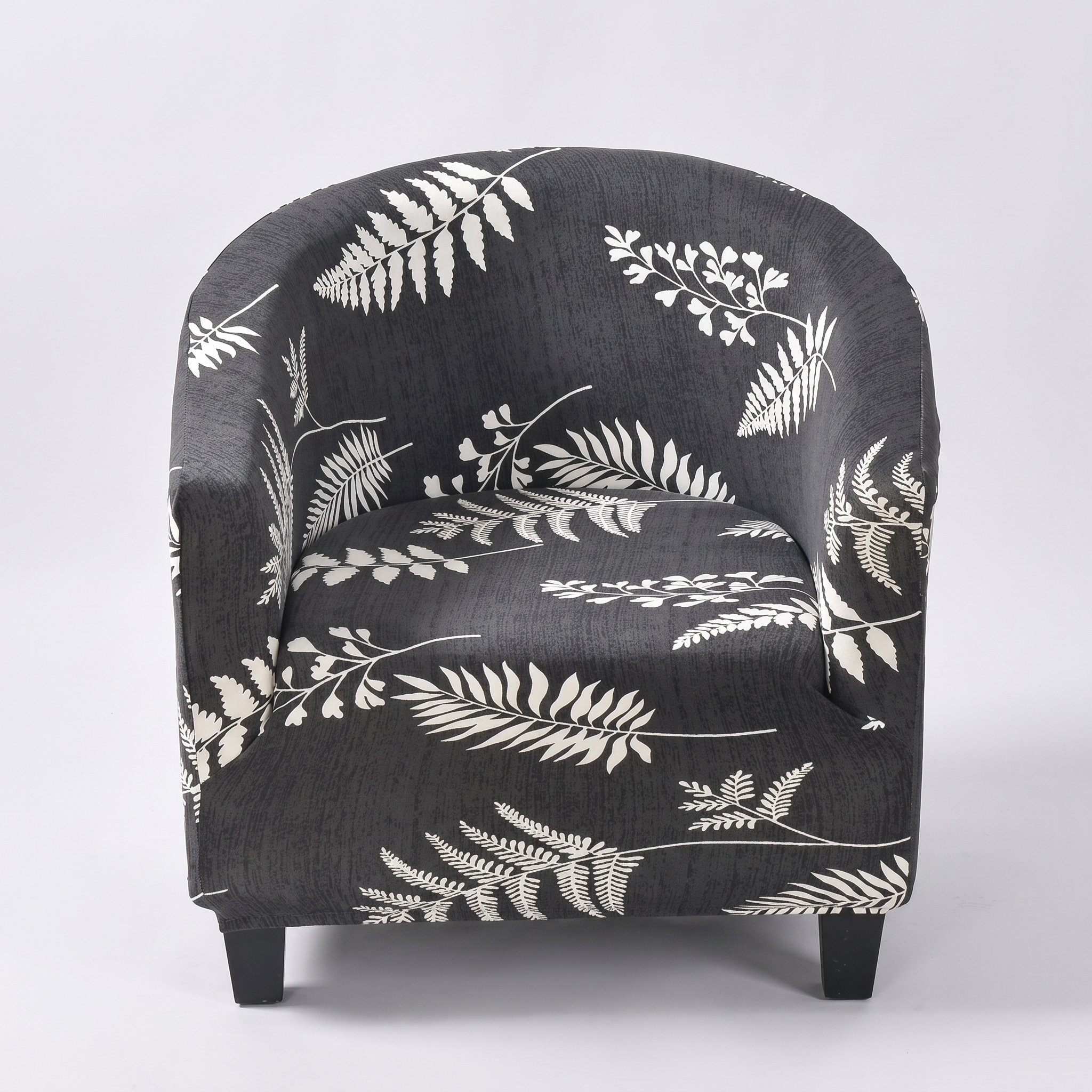Stretch Club Armchair Cover – Charcoal White Fern Leaf Print – product photo on a white background | Brivenzo
