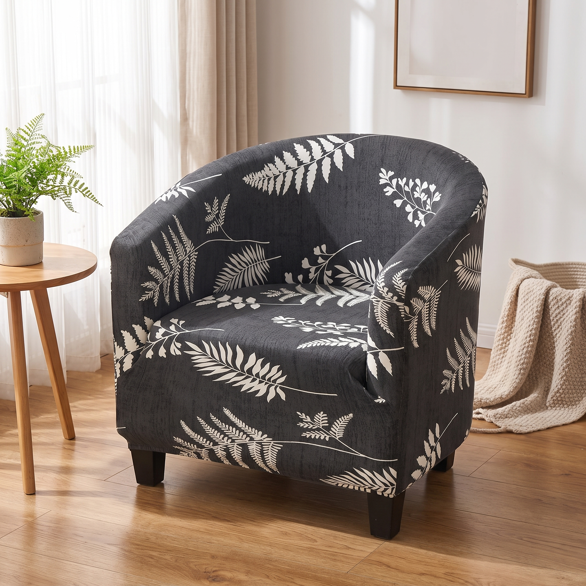 Stretch Club Armchair Cover – Charcoal White Fern Leaf Print shown in a styled home interior | Brivenzo