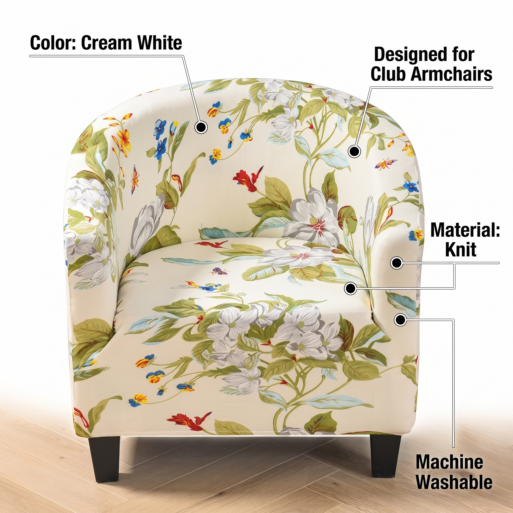Stretch Club Armchair Cover – Cream White Lily Floral Print – features and specifications overview | Brivenzo