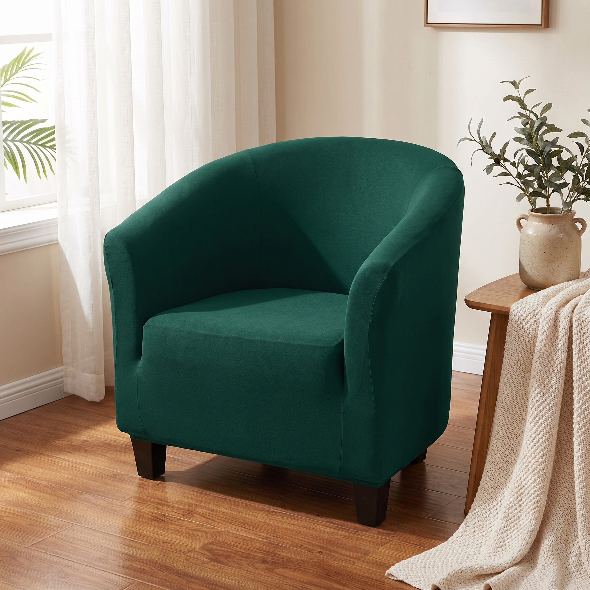 Stretch Club Armchair Cover – Dark Green shown in a styled home interior | Brivenzo