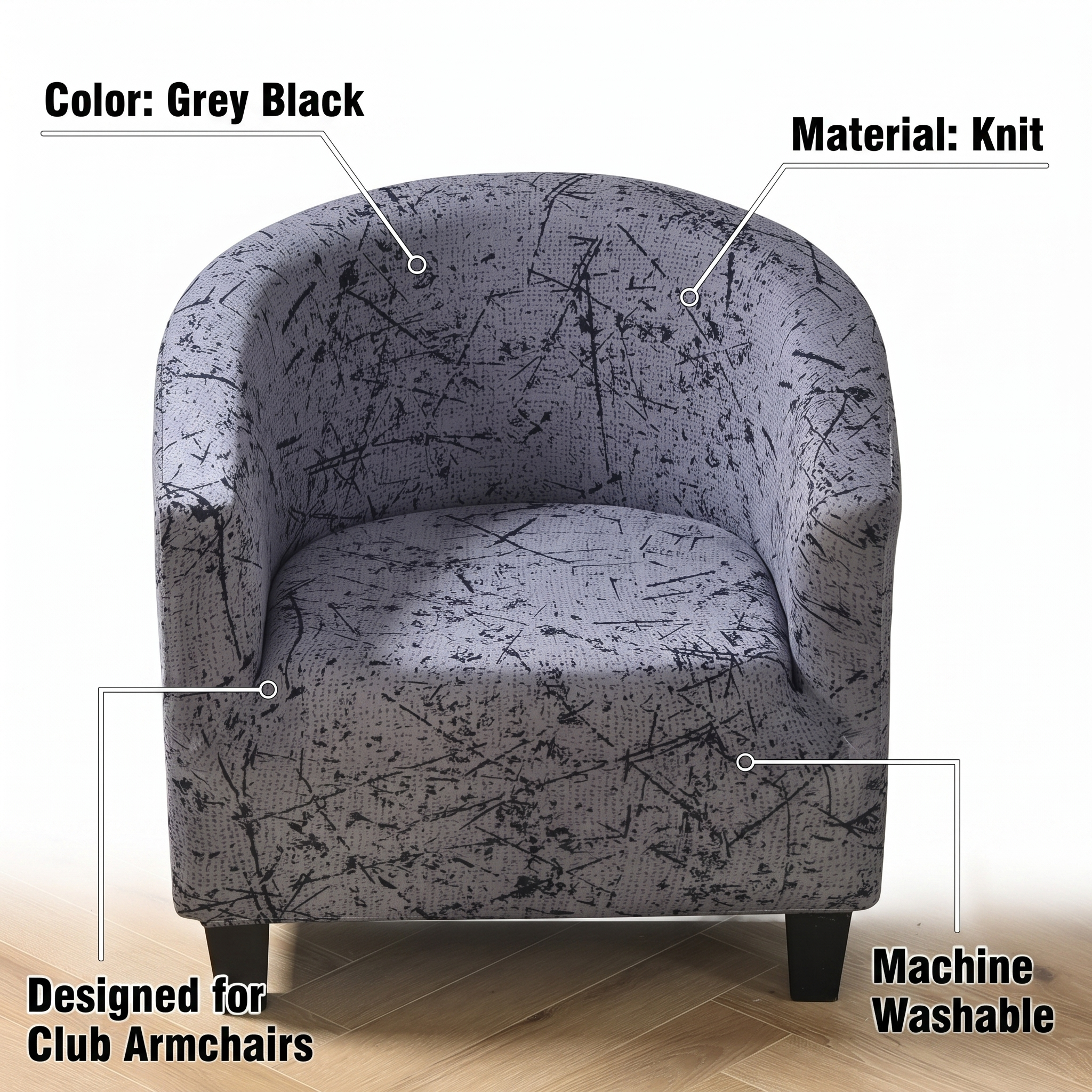 Stretch Club Armchair Cover – Grey Black Scratch Print – features and specifications overview | Brivenzo