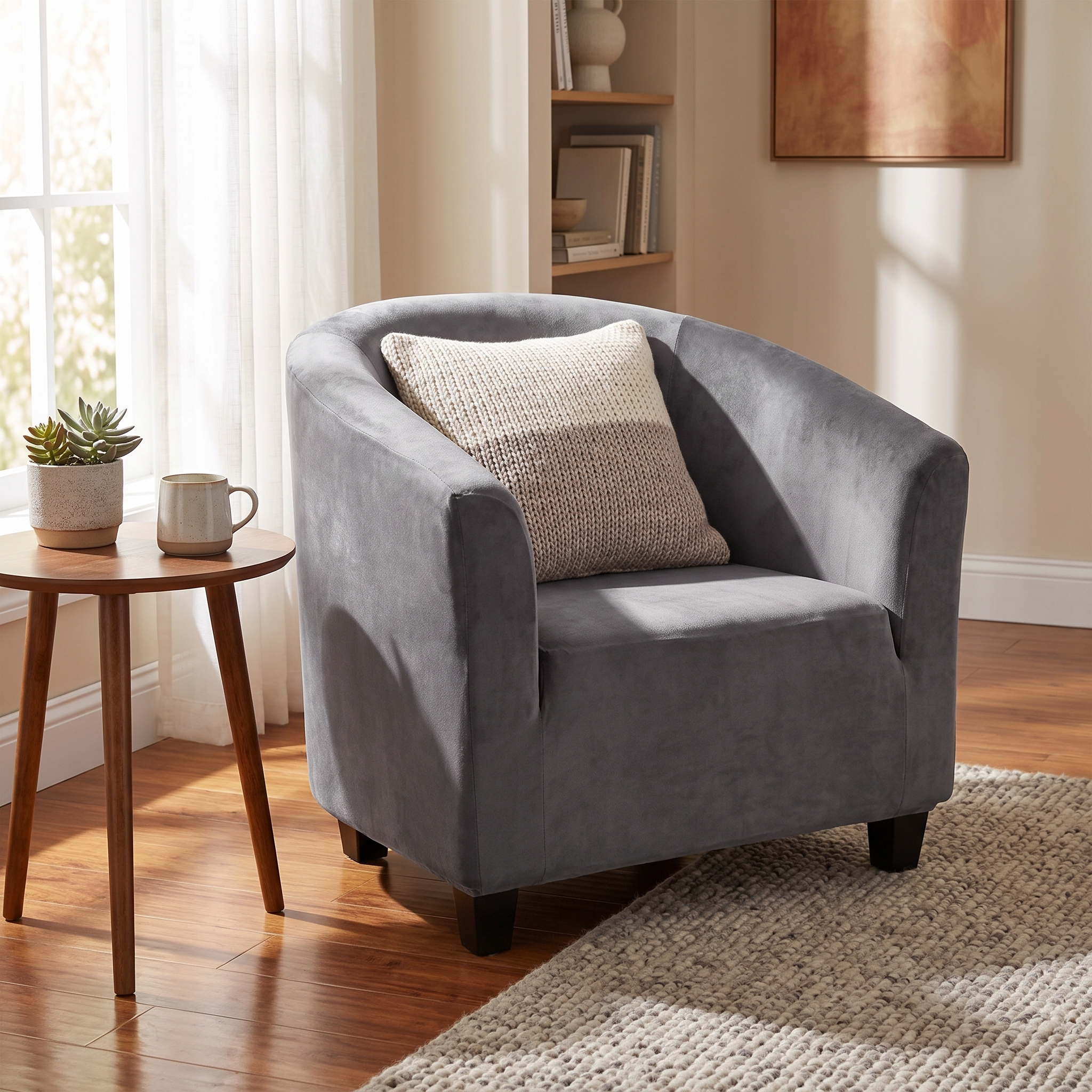 Stretch Club Armchair Cover – Grey Velvet shown in a styled home interior | Brivenzo