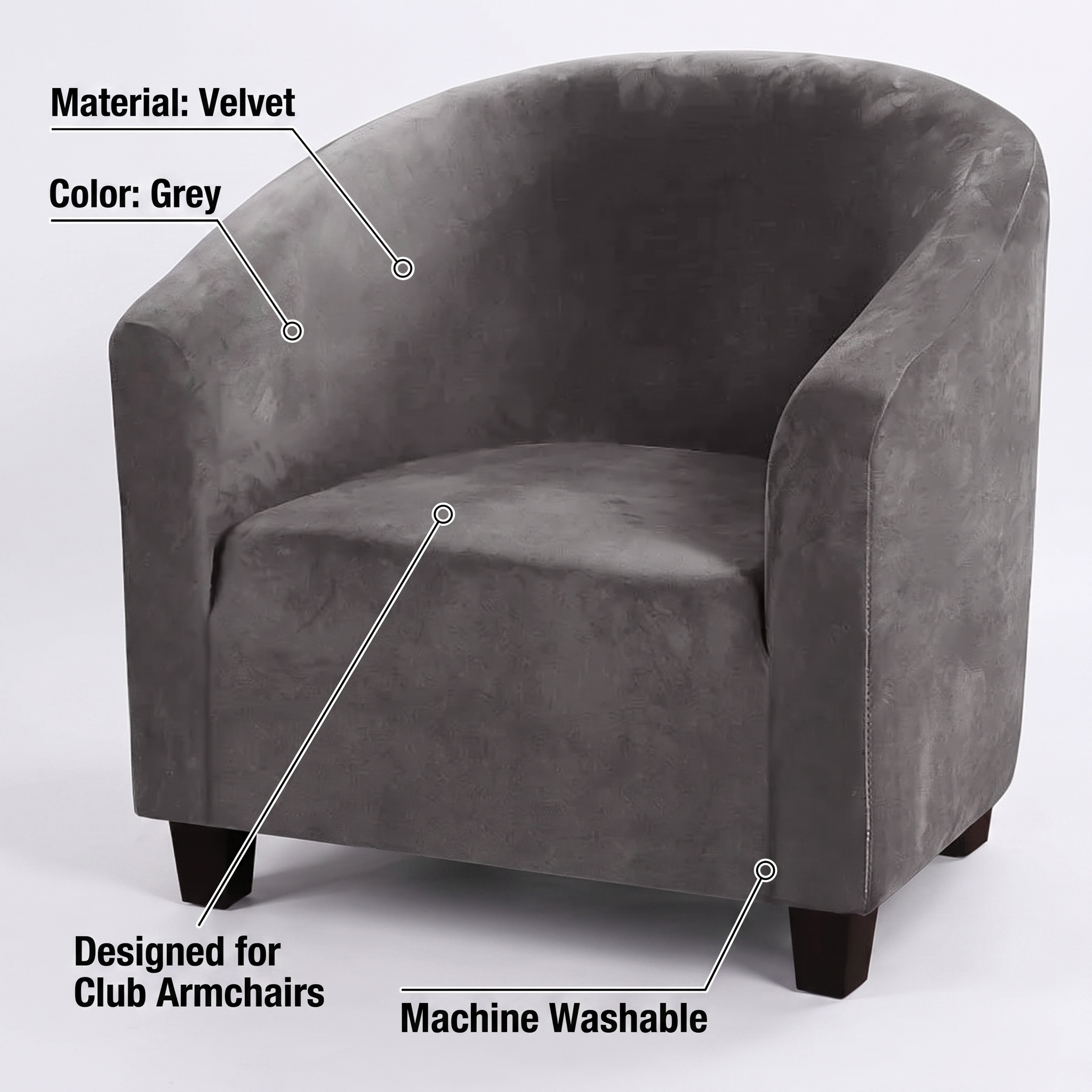 Stretch Club Armchair Cover – Grey Velvet – features and specifications overview | Brivenzo