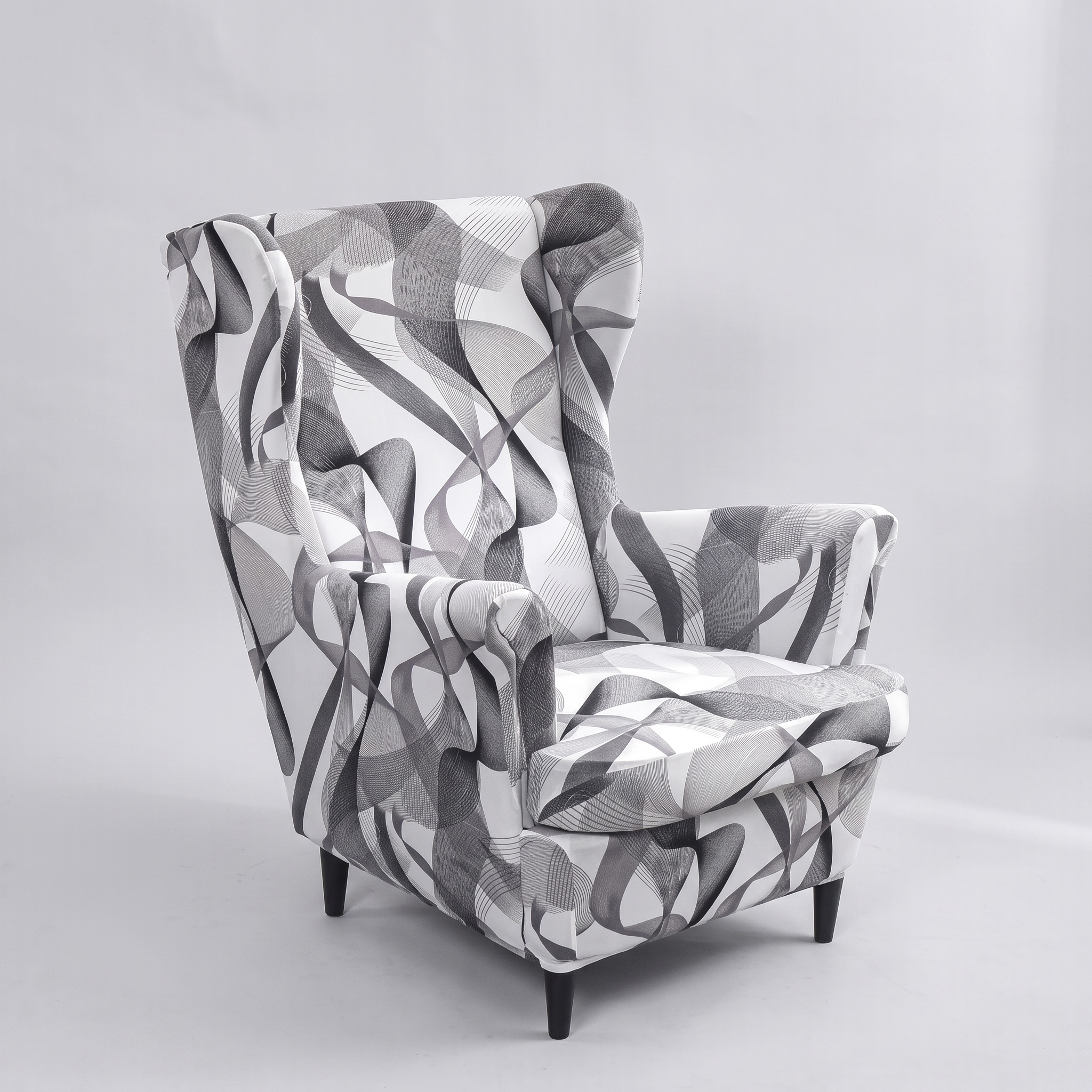 Stretch Club Armchair Cover – Grey White Abstract Swirl Print – product view 1 | Brivenzo