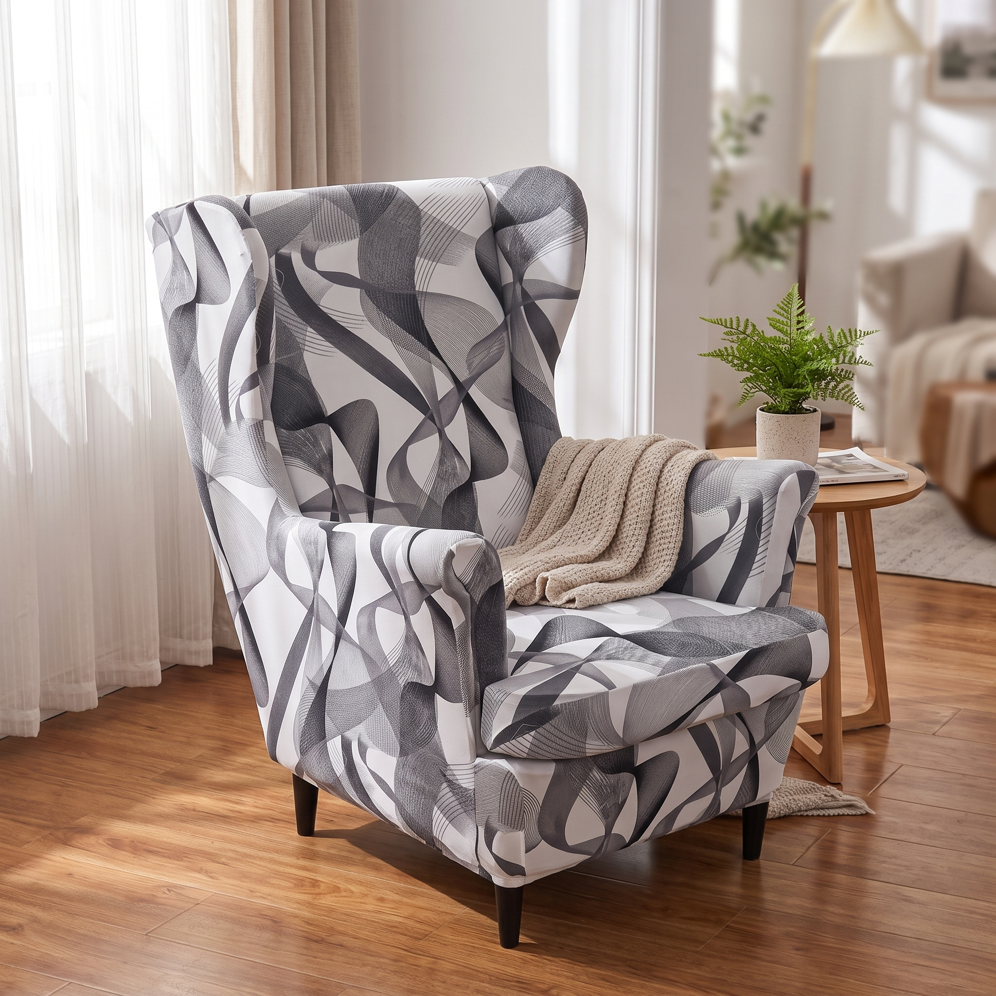 Stretch Club Armchair Cover – Grey White Abstract Swirl Print – product view 2 | Brivenzo