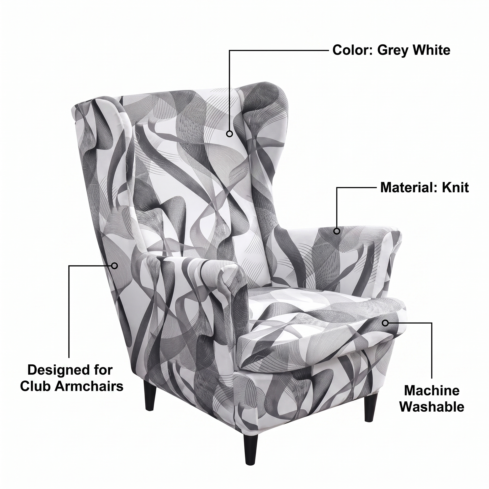 Stretch Club Armchair Cover – Grey White Abstract Swirl Print – features and specifications overview | Brivenzo