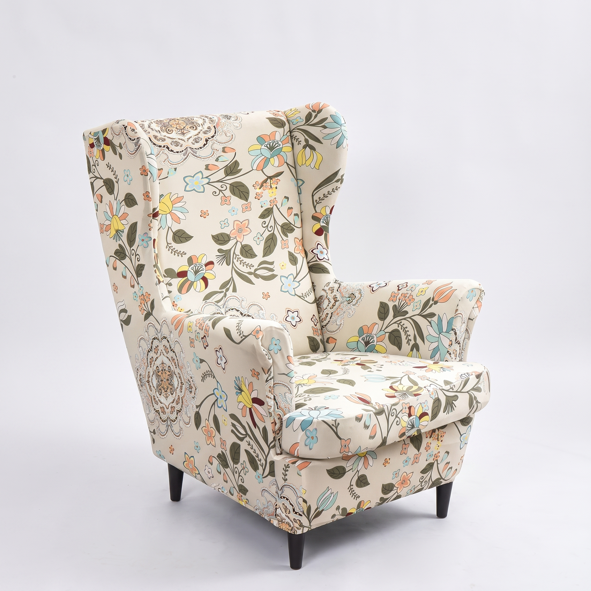 Stretch Club Armchair Cover – Ivory Multicolor Floral Print – product photo on a white background | Brivenzo