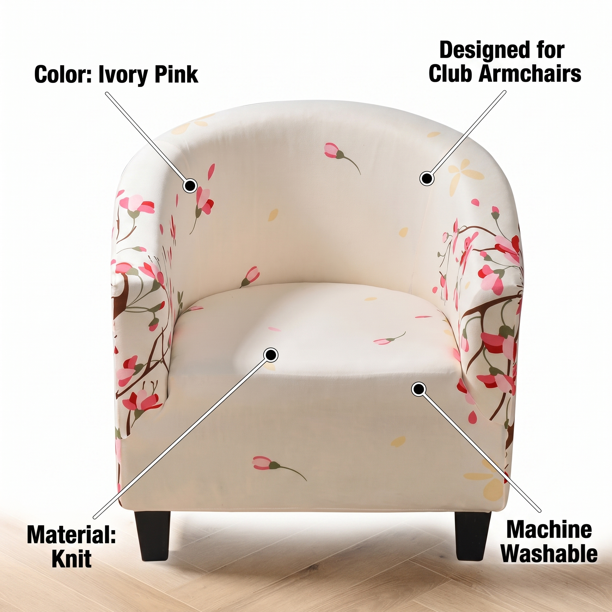 Stretch Club Armchair Cover – Ivory Pink Floral Print – features and specifications overview | Brivenzo