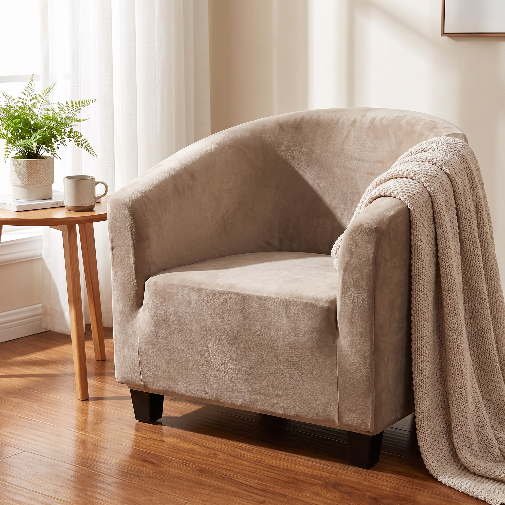 Stretch Club Armchair Cover – Khaki Velvet shown in a styled home interior | Brivenzo