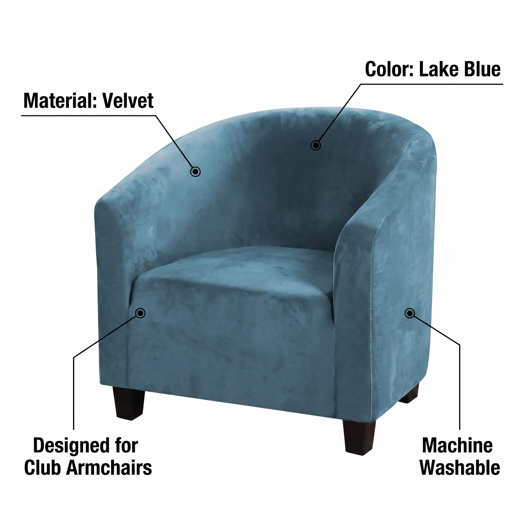 Stretch Club Armchair Cover – Lake Blue Velvet – features and specifications overview | Brivenzo