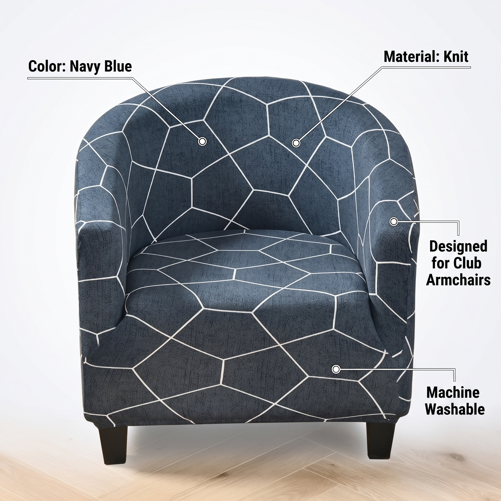 Stretch Club Armchair Cover – Navy Blue Geometric Crystal Print – features and specifications overview | Brivenzo