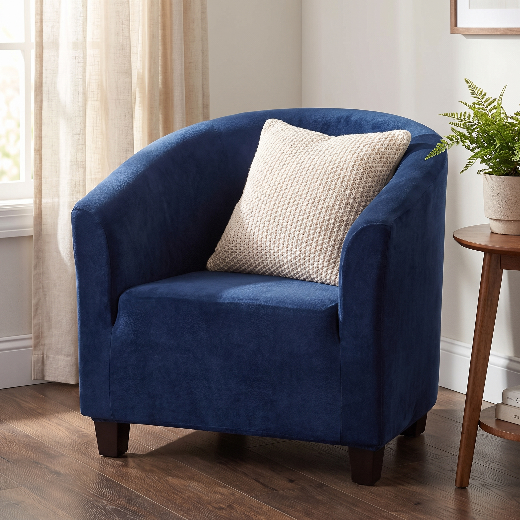 Stretch Club Armchair Cover – Navy Blue Velvet shown in a styled home interior | Brivenzo
