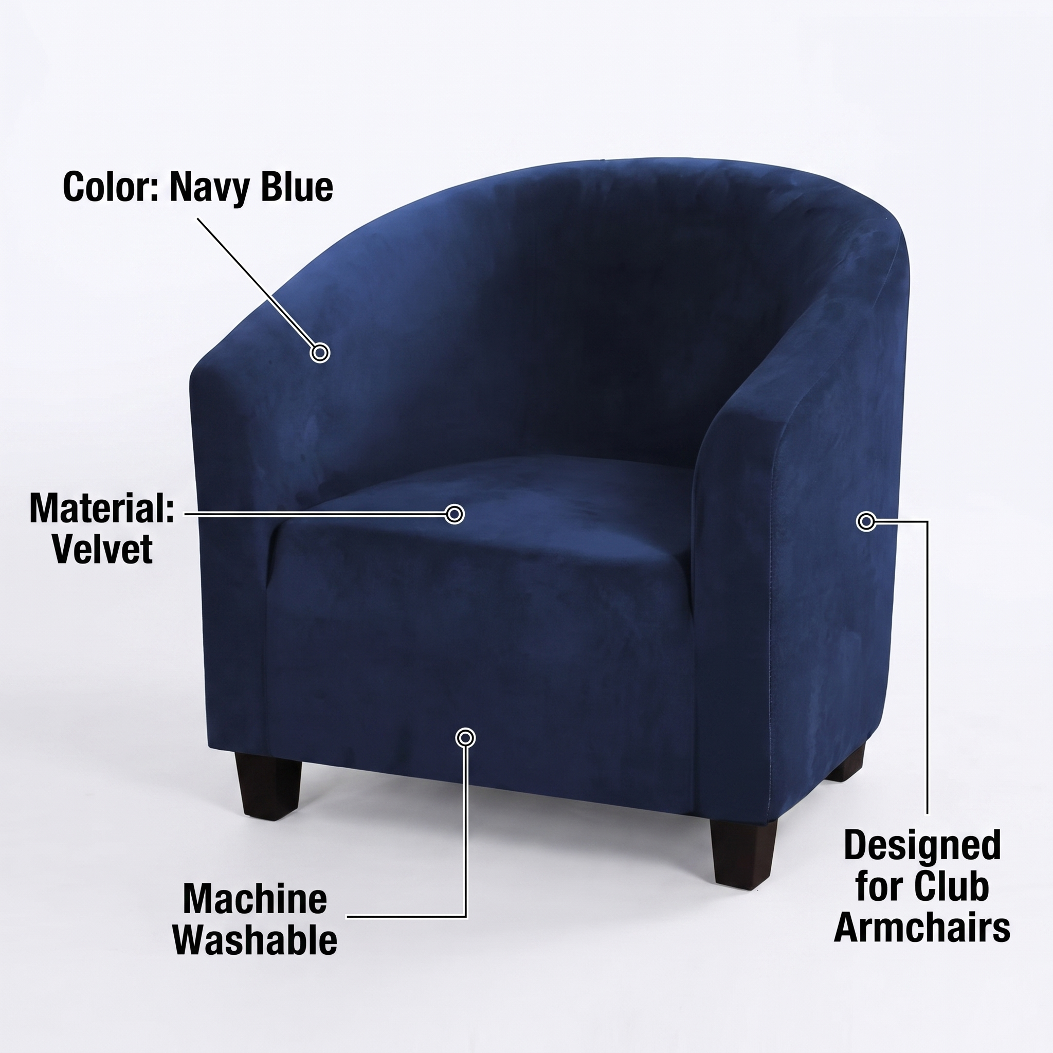 Stretch Club Armchair Cover – Navy Blue Velvet – features and specifications overview | Brivenzo