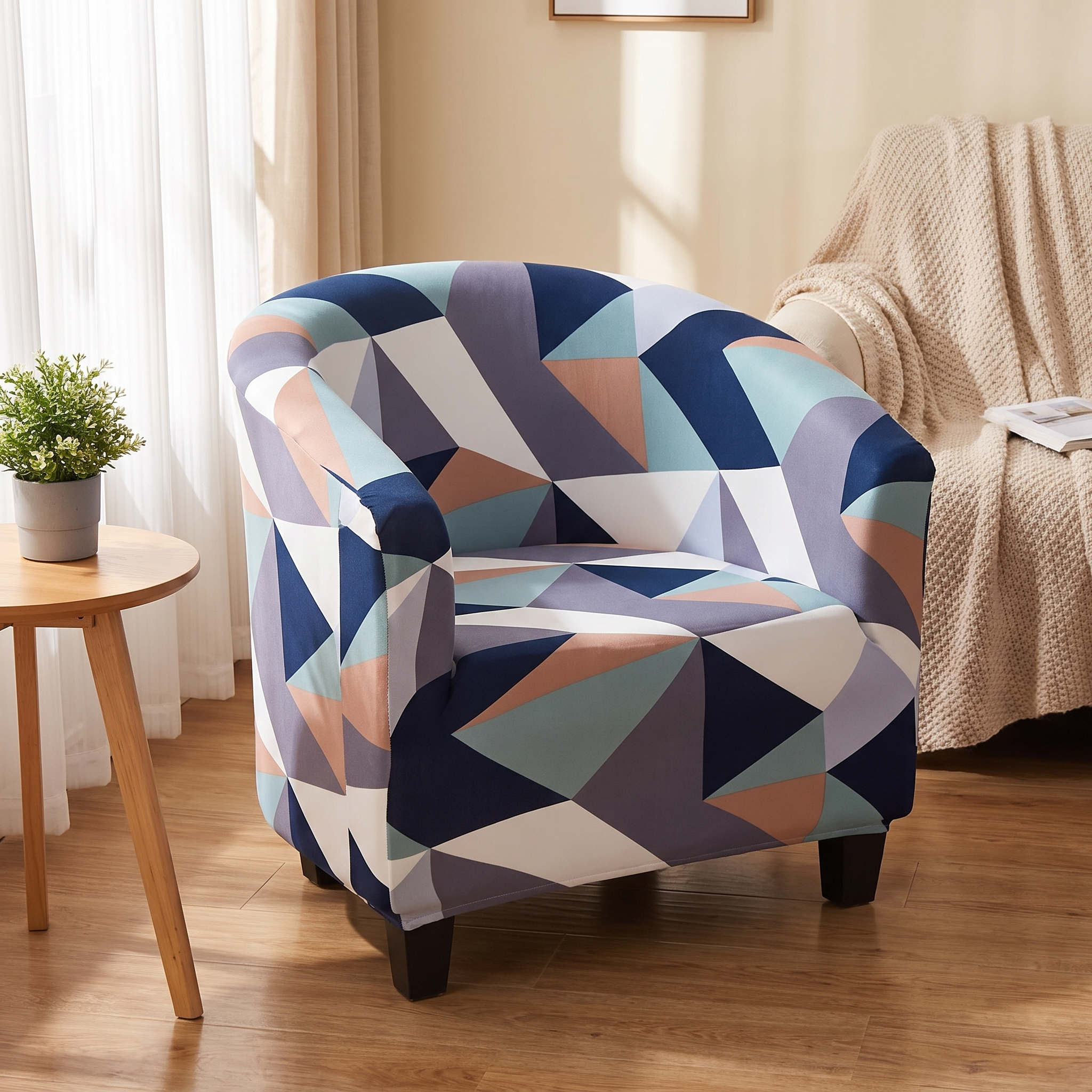Stretch Club Armchair Cover – Navy Blush Geometric Triangle Print shown in a styled home interior | Brivenzo